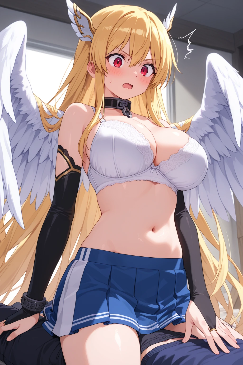 japanese anime style。illustratio。Dark Fantasy。White feathers。girl with。a blond。undergarment。natta。battle field。Colossal tits。pubick hair。teats。a miniskirt。A little angry。crouching down。Open crotch。