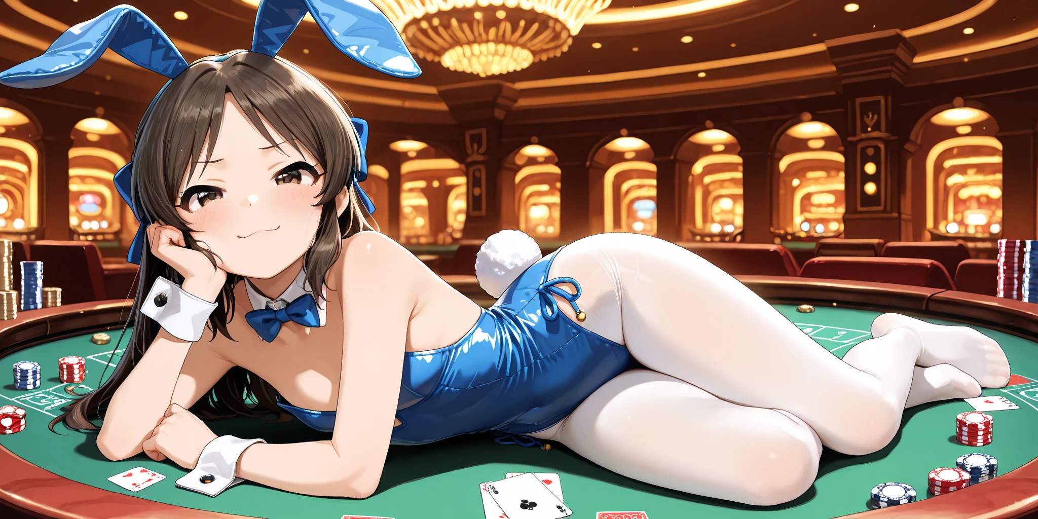 2B in bikini bunny,rabbit ears headband,fishnet stockings,High heels,Session,open legs,M字open legs,small breasts,mischievous,tongue licking,bottom:casino