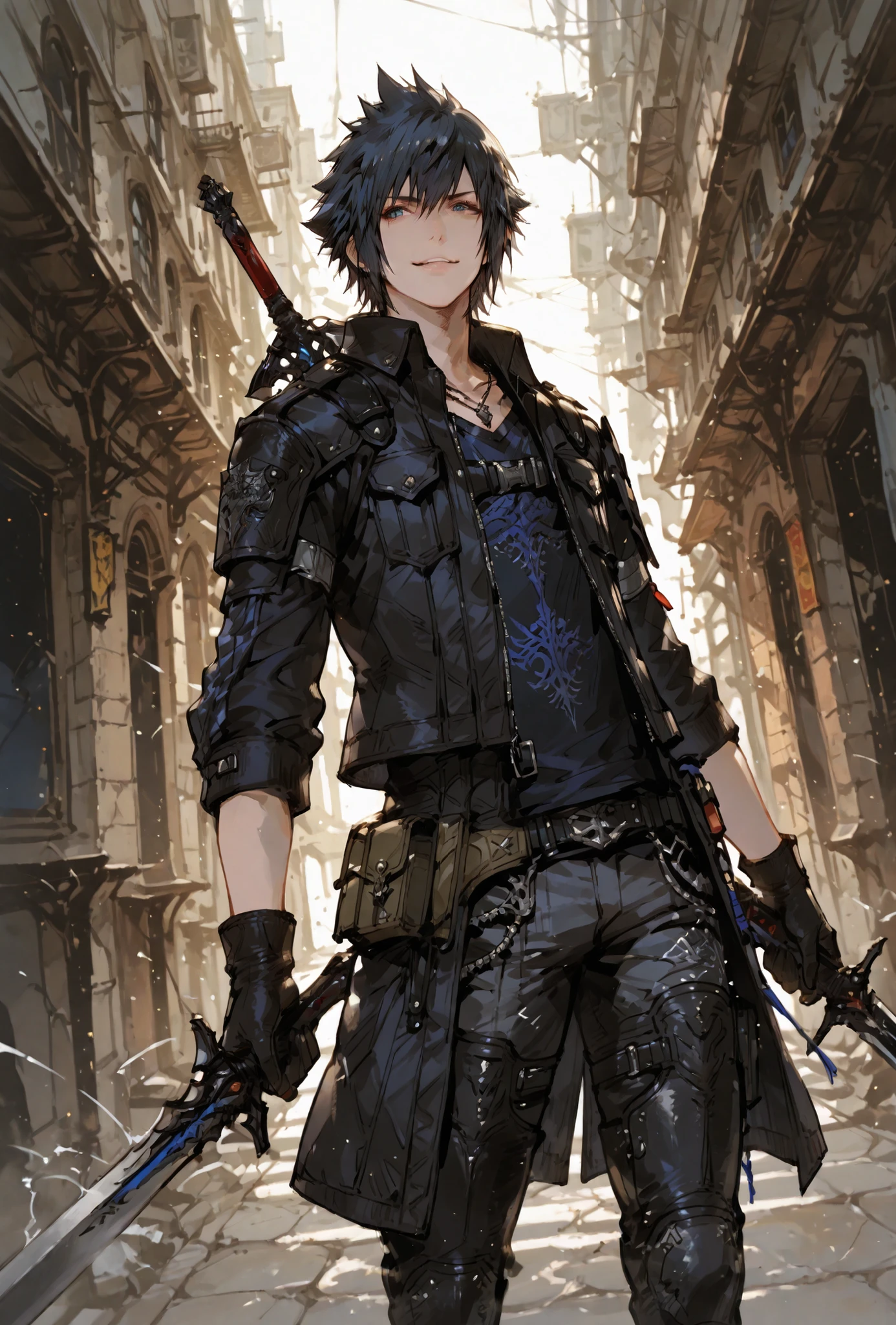 (score_9,score_8_up,score_7_up),((MAN, 1 MAN, NOCTIS LUCIS CAELUM , FINAL FANTASY XV, NOCTIS full BLACK clothers, WITH A SWORD,), ,,extremely detailed,dynamic lighting,best quality,,,best quality,high quality,, , dynamic angle, , thick thighs, motion lines,, , solo, perfect eyes,,DETAIL,MASTERPIECE,,Expressiveh, ultra detailed,,,,very detailed,extremely detailed,dynamic lighting,best quality,(score_9,score_8_up,score_7_up),NOCTIS, FINAL FANTASY XV, BLUE eyes, BLACK SPIKY hair, , BADASS POSE,ATLETICH BODY TYPE,,extremely detailed,dynamic lighting,best quality,pale skin,evil smile,, sleeve, BLACK GLOVES