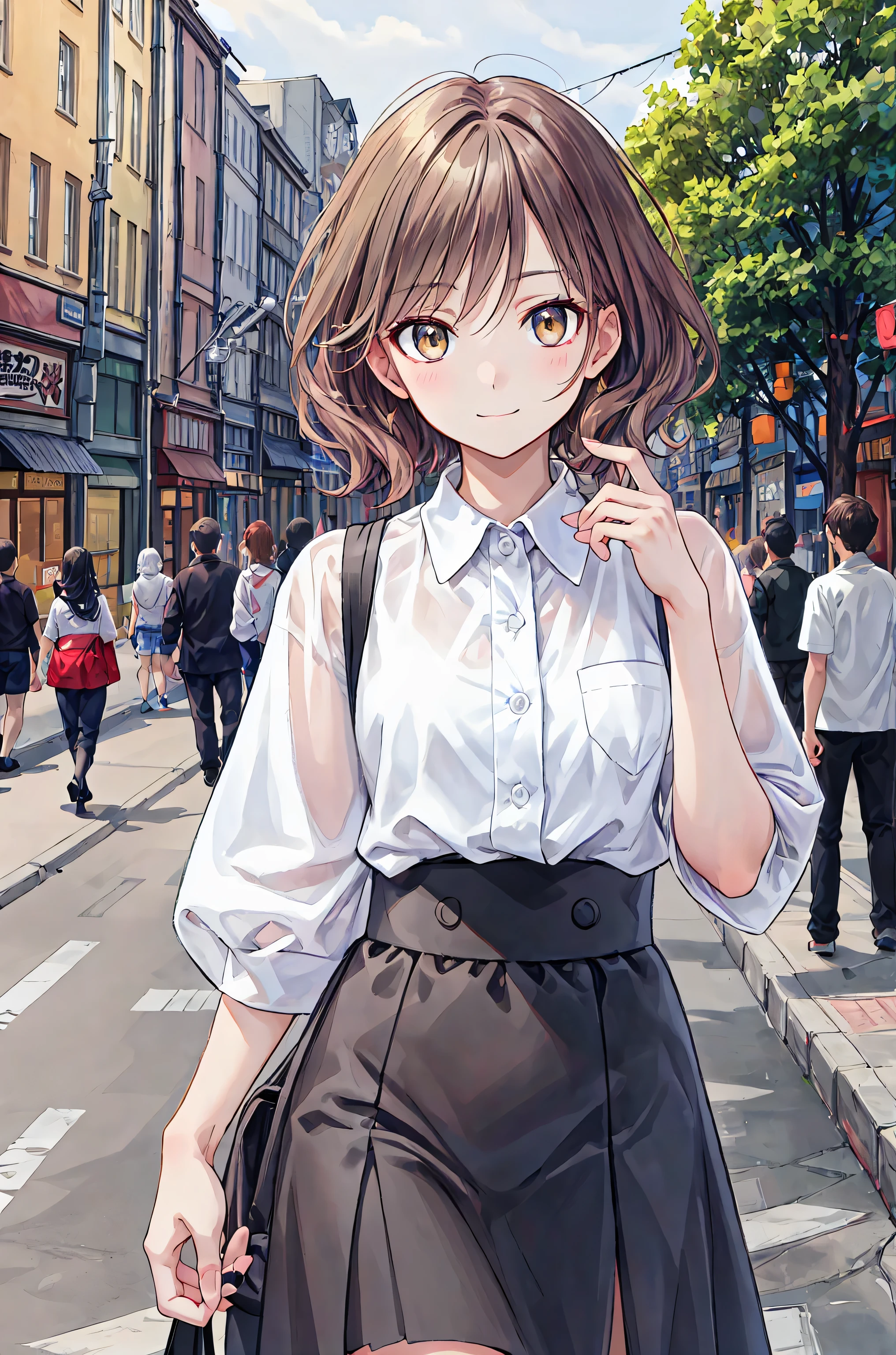 High definition raw color picture, professional shooting, (((((Bokeh))))), writing border depth, Taken with Sony α7IV，，Highest Quality，TOKYO DISNEYLAND,TOKYO DISNEYLANDの活気に満ちた魔法のような雰囲気の中を歩く, casual clothes､cute服､Cinderella Castle can be seen in the background, warm sunshine､The vibrant and cheerful atmosphere of Disneyland，Families and couples pass by,Beautiful Faces in Every Detail，cute，Dark Brown Eyes，(背の低いcute女の子，Young student，Young and delicate girl）,（masterpiece，Highest Quality)，dark haired，sleepy expression，wearing a short-sleeved white shirt，plaid skirt，Pathetic，Pathetic，Pathetic，brown hair，shortcut，messy hair，  short braided hair  ，neat，Slender Beauty，Dignified Posture，tiny chest，Beautiful legs，The person who runs it, charming grayish blue eyes shining like stars，bright colors,Beautiful Eyes,A delicate smile,textured skin,Best quality in best condition, gently beautiful woman ,Anime Style､BREAK (masterpiece:1.2), Highest Quality, high resolution, Unity 8k 壁紙, (shape:0.8), (beautiful attention to detail:1.6), Highly Detailed Faces,  Perfect lighting, very detailed CG, ( Perfect hand,  Perfect ),