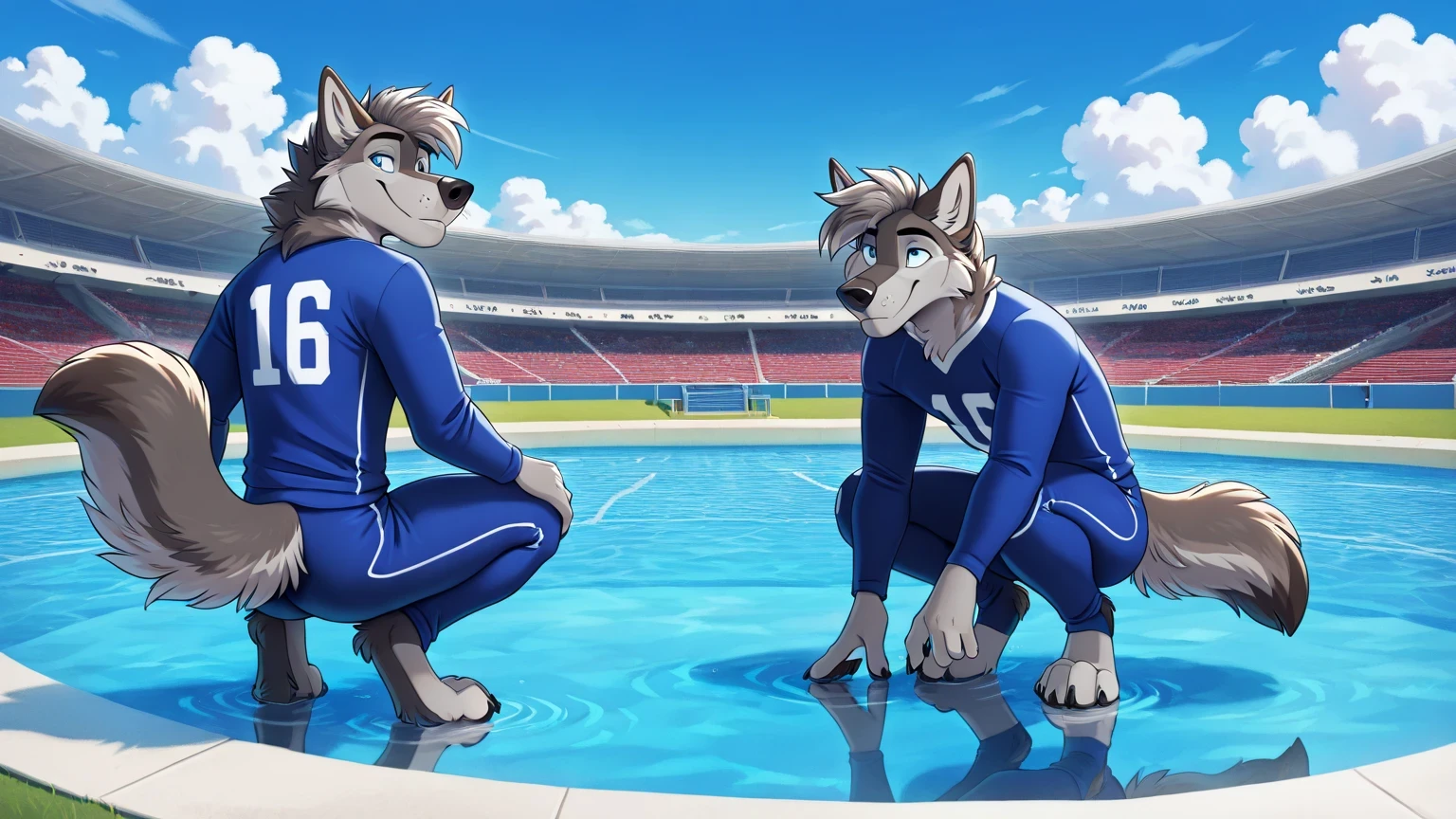 De Lobo Furry male, blue eye, Reflections,  ginebra1, Anthropomorphic, Adult Wolf, without humans,   by ango76 ,    masterpiece, best quality,very aesthetic, newest,  anthropoid, mammal, a child, Clothes, Alone, byry, byry Macho, sexist approach , blue eyes, bipedal posture IN FRONT, Male Wolf, Blue wolf male furry , by, crouching posture, crouching, claws,  animal ears, pool, light blue american football jersey,  light blue lycra tights, tenis debytivos blancos, wolf tail, Front view of the spectator , blue sky, white clouds, in an american football stadium