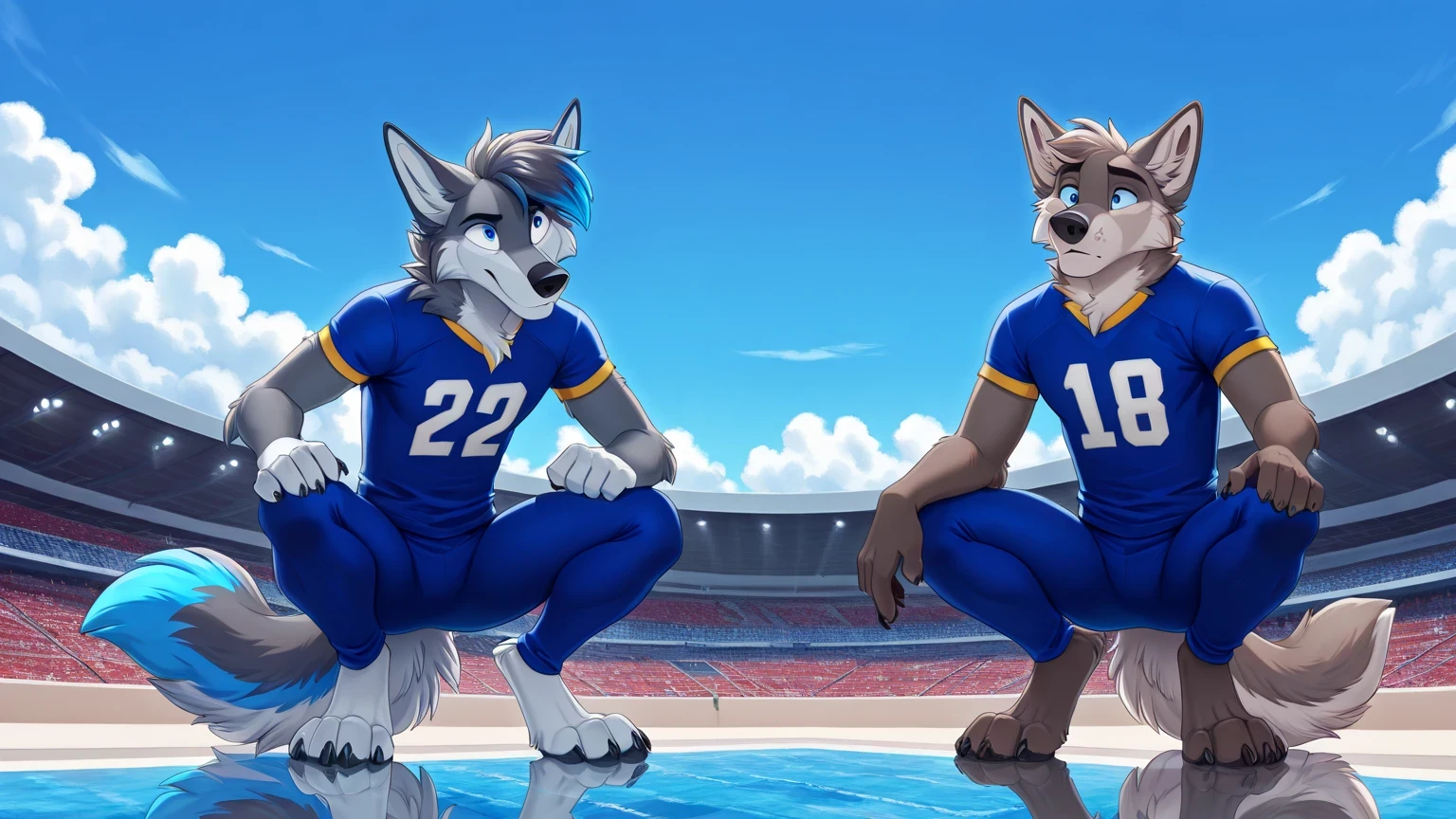 De Lobo Furry male, blue eye, Reflections,  ginebra1, Anthropomorphic, Adult Wolf, without humans,   by ango76 ,    masterpiece, best quality,very aesthetic, newest,  anthropoid, mammal, a child, Clothes, Alone, byry, byry Macho, sexist approach , blue eyes, bipedal posture IN FRONT, Male Wolf, Blue wolf male furry , by, crouching posture, crouching, claws,  animal ears, pool, light blue american football jersey,  light blue lycra tights, tenis debytivos blancos, wolf tail, Front view of the spectator , blue sky, white clouds, in an american football stadium