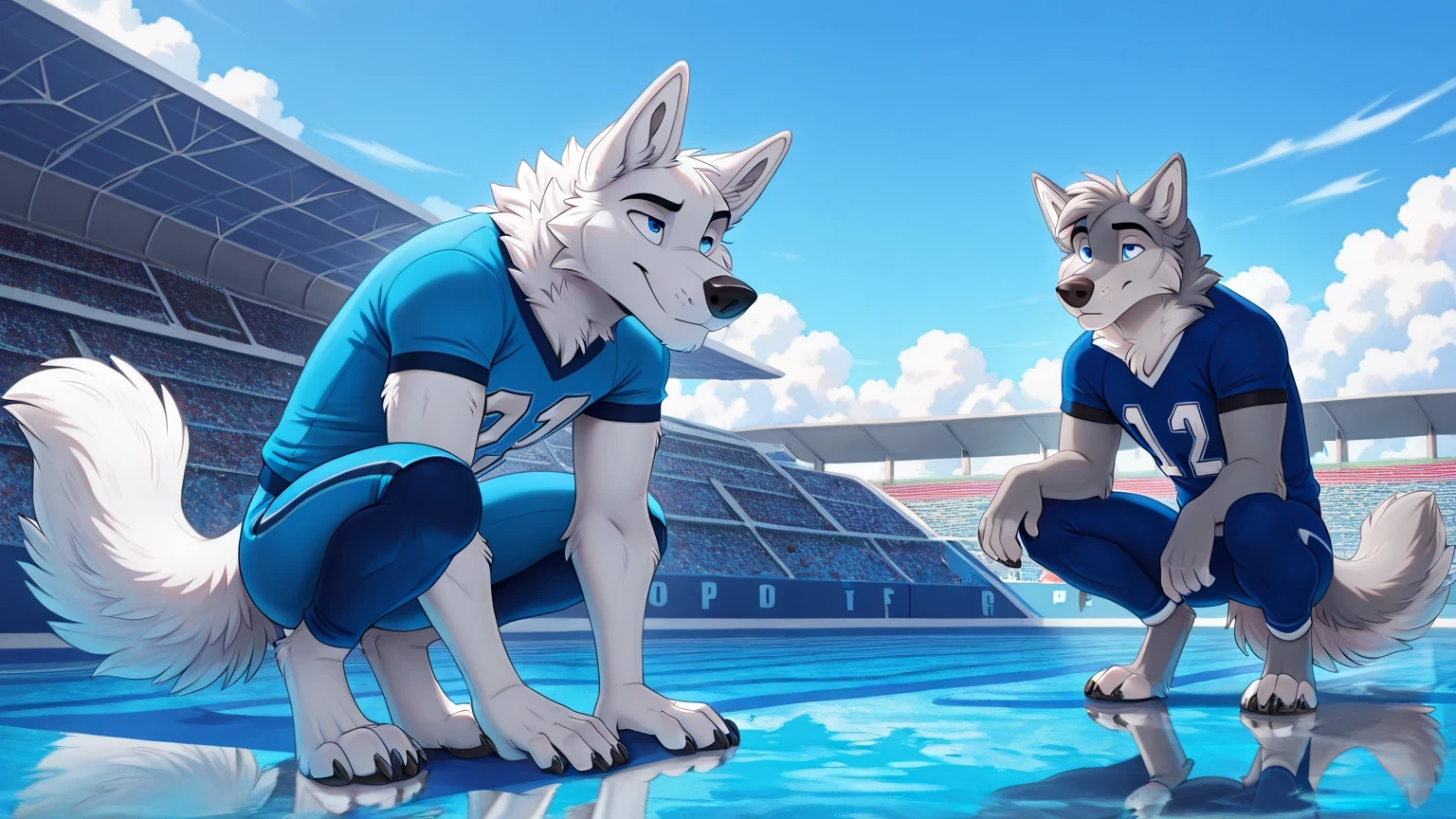 De Lobo Furry male, blue eye, Reflections,  ginebra1, Anthropomorphic, Adult Wolf, without humans,   by ango76 ,    masterpiece, best quality,very aesthetic, newest,  anthropoid, mammal, a child, Clothes, Alone, byry, byry Macho, sexist approach , blue eyes, bipedal posture IN FRONT, Male Wolf,  hairy male white wolf  , by, crouching posture, crouching, claws,  animal ears, pool, light blue american football jersey,  light blue lycra tights, tenis debytivos blancos, wolf tail, Front view of the spectator , blue sky, white clouds, in an american football stadium