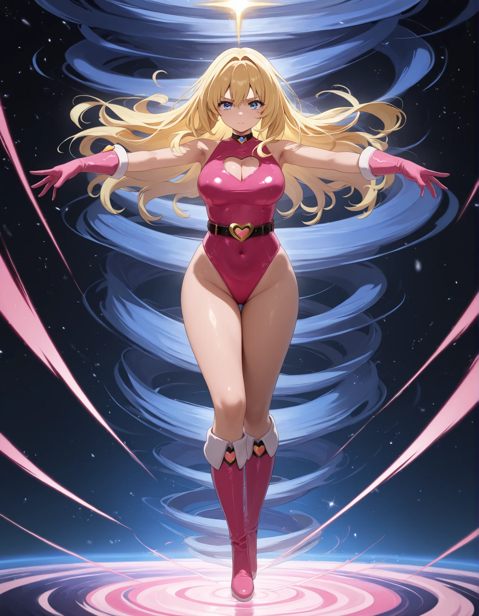 (masterpiece), (best quality), (high res), 1girl, solo, solo focus, superhero, gymnast leotard, competition swimsuit, bare legs, matching boots, sleeveless, looking at viewer, perfect hands, perfect eyes, perfect leotard, perfect legs, perfect arms, perfect fingers, medium breasts, pink leotard, (blonde hair), long hair, knee boots, blue eyes, ((heart cutout)), cute face, hair down, bangs, ahoge, sleeveless, pink gloves, pink footwear, (cleavage cutout, serious, full body with costume, cowboy shot, space backdrop. (T-pose, legs together). (spins fast in place like a tornado, whirls fast in place like a tornado, tornado whirling, spiral lines around her, spinning energy pulse around her, storm winds around her, whirls into a tornado, (she whirls) in (super speeds)). full body costume design. curved sword slash. she super-spins. time travel, time warp.