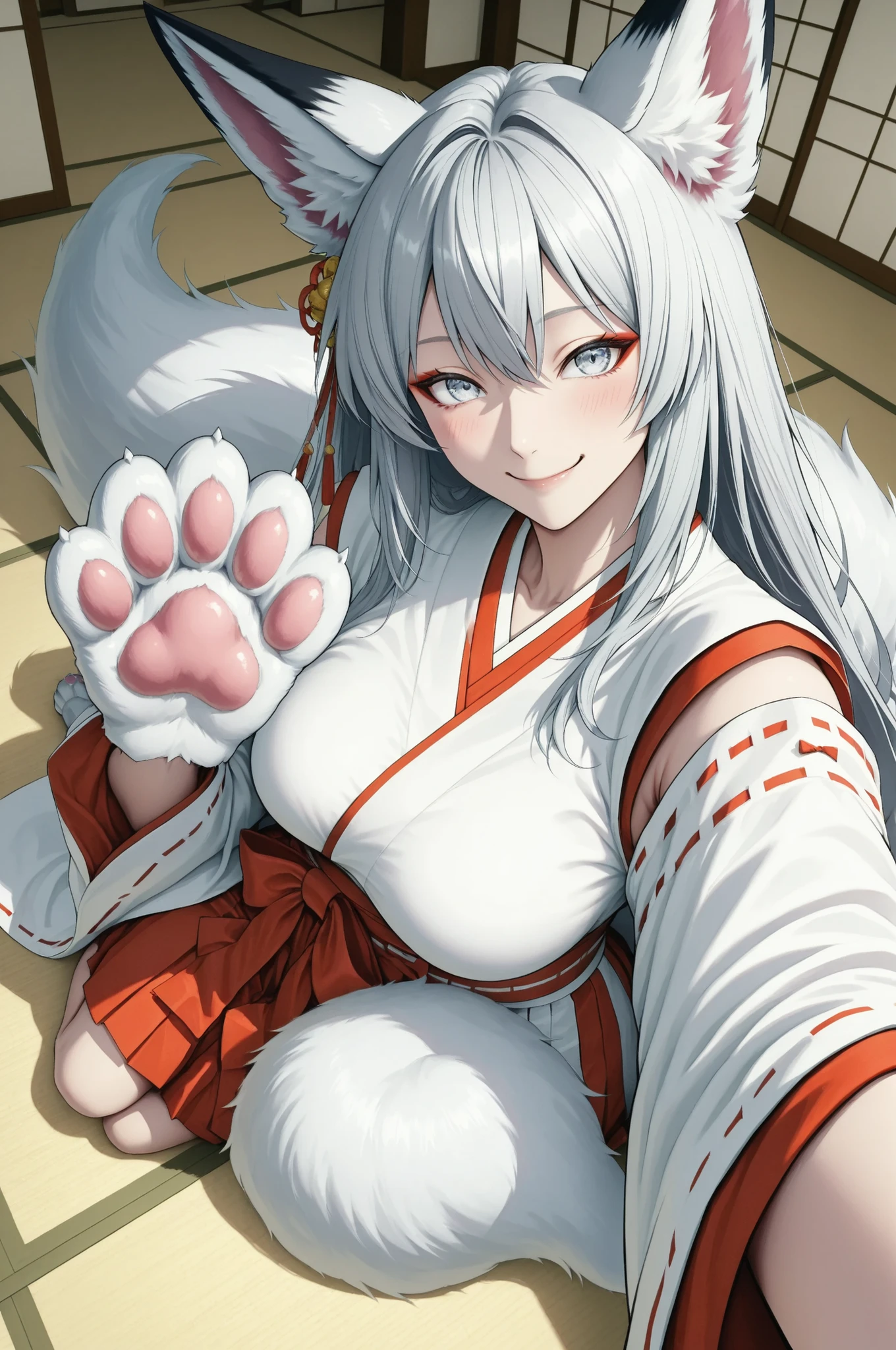 yukiko, Girl with shemo ears , Farley, ((god社の巫女衣裳)), selfie with smartphone:1.4, (god社の背景), Fox Beast Woman , 白Fox Beast Woman , (fox ears, fox tail, Fox's front paws, white paw:1.2), 美Seems, Exquisite , Anime Style, gray hair, round face, big eyes, Smile Yan, Blush, graceful behavior, Delicate Body, god秘的, fantastic, natural light, Soft Shadows, Delicate Details, god々Seems, god聖な雰囲気, Traditional Japanese Style, Analog Painting, Superb painting quality, 8K, Super Realistic, Physically Based Rendering, vivid and vivid colors