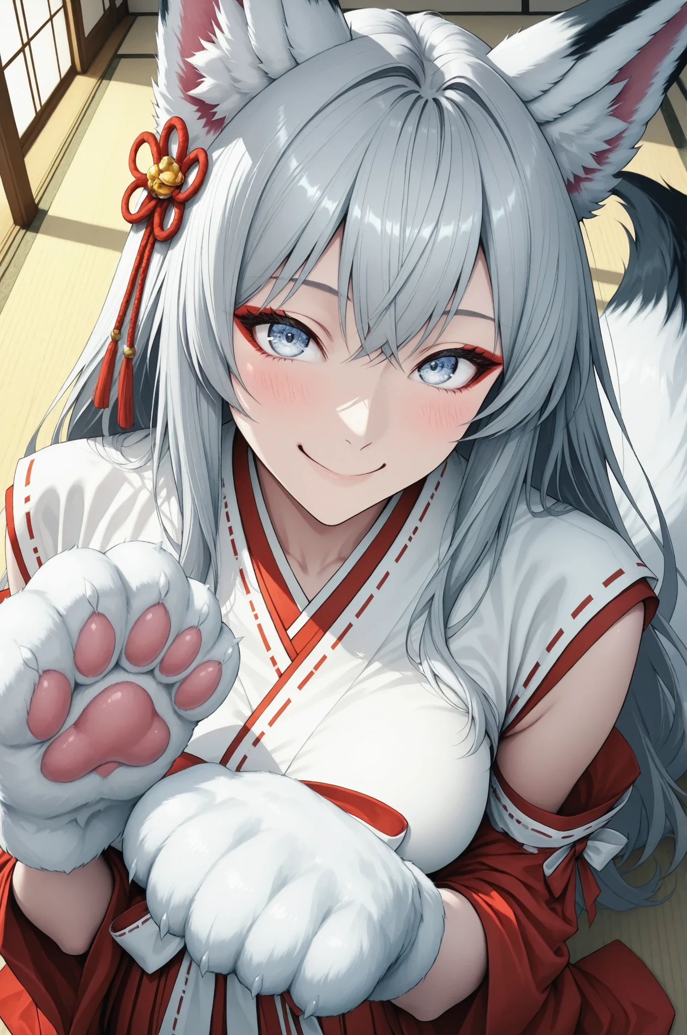 yukiko, Girl with shemo ears , Farley, ((god社の巫女衣裳)), Take a selfie with your smartphone:1.4, (god社の背景), Fox Beast Woman , 白Fox Beast Woman , (fox ears, fox tail, Fox's front paws, white paw:1.2), 美Seems, Exquisite , Anime Style, gray hair, round face, big eyes, Smile Yan, Blush, graceful behavior, Delicate Body, god秘的, fantastic, natural light, Soft Shadows, Delicate Details, god々Seems, god聖な雰囲気, Traditional Japanese Style, Analog Painting, Superb painting quality, 8K, Super Realistic, Physically Based Rendering, vivid and vivid colors