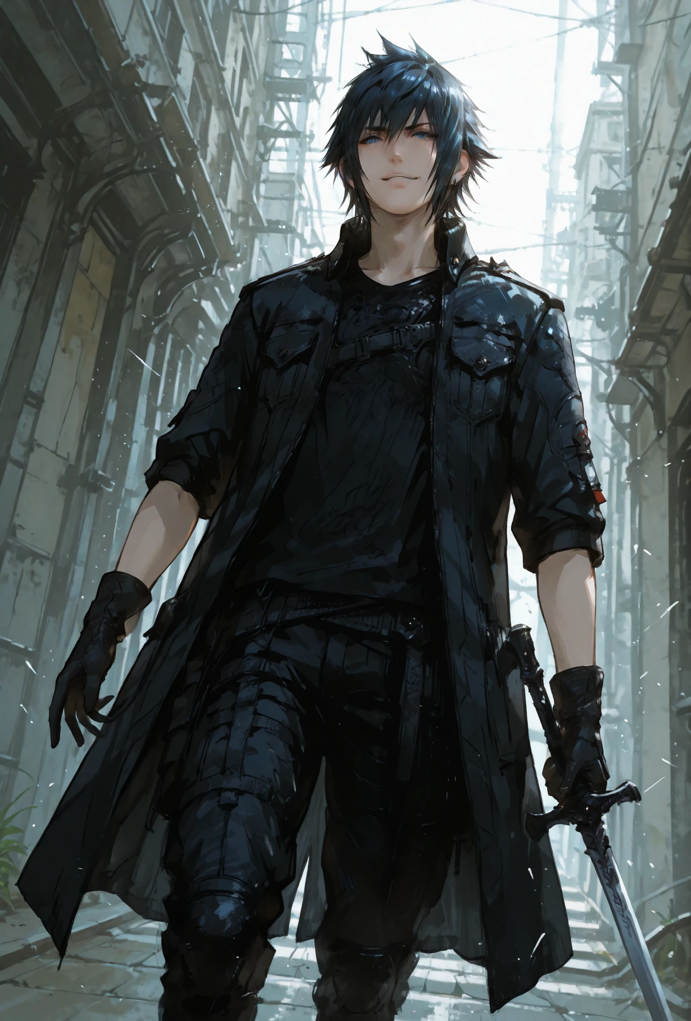 (score_9,score_8_up,score_7_up),((MAN, 1 MAN, NOCTIS LUCIS CAELUM , FINAL FANTASY XV, NOCTIS full BLACK clothers, WITH A SWORD,), ,,extremely detailed,dynamic lighting,best quality,,,best quality,high quality,, , dynamic angle, , thick thighs, motion lines,, , solo, perfect eyes,,DETAIL,MASTERPIECE,,Expressiveh, ultra detailed,,,,very detailed,extremely detailed,dynamic lighting,best quality,(score_9,score_8_up,score_7_up),NOCTIS, FINAL FANTASY XV, BLUE eyes, BLACK SPIKY hair, , BADASS POSE,ATLETICH BODY TYPE,,extremely detailed,dynamic lighting,best quality,pale skin,evil smile,, sleeve, BLACK GLOVES