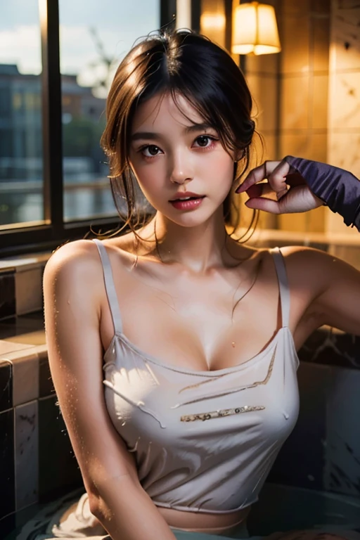 (very huge round breasts, perfect ???????:1.4), (nurse uniform, wet:1.4), (short wavy hair), whole body, RAW photo, extremely delicate and beautiful, masterpiece, Best Quality, ultra high resolution, 16k, hyperrealistic, ultra-detailed, Very detailed CG 8k wallpaper, Beautiful Lighting, Perfect Lightning, Realistic Shadows, super Detailed shiny skin, perfect figure, Japanese woman, late 20s, Slim body, Slim abdomen, very small head, handsome detailed woman, very detailed eyes and face, realistic face proportions, Stunning detailed eyes, Realistic beautiful face, very small face, Realistic small beautiful eyes, double eyelids, makeup, tearful mole, mole on chest, earring, bare legs, beautiful and very thin legs, beautiful and very thin thighs, narrow waist, (cleavage, Soft midriff, Fine Collarbone, off-shoulder:1.0),