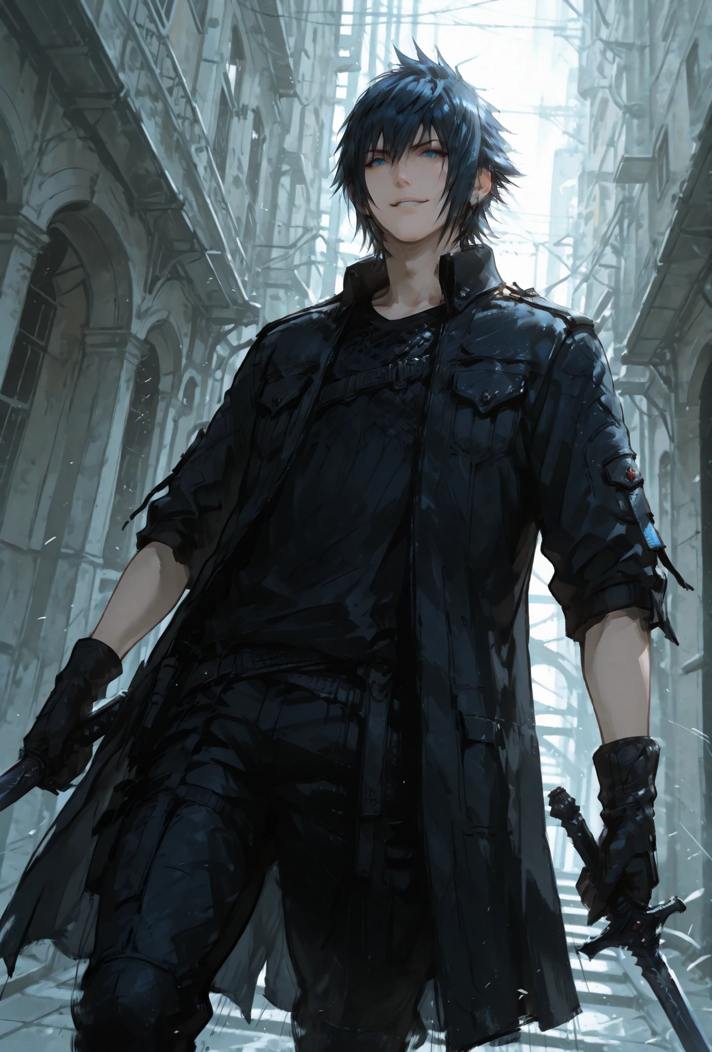 (score_9,score_8_up,score_7_up),((MAN, 1 MAN, NOCTIS LUCIS CAELUM , FINAL FANTASY XV, NOCTIS full BLACK clothers, WITH A SWORD,), ,,extremely detailed,dynamic lighting,best quality,,,best quality,high quality,, , dynamic angle, , thick thighs, motion lines,, , solo, perfect eyes,,DETAIL,MASTERPIECE,,Expressiveh, ultra detailed,,,,very detailed,extremely detailed,dynamic lighting,best quality,(score_9,score_8_up,score_7_up),NOCTIS, FINAL FANTASY XV, BLUE eyes, BLACK SPIKY hair, , BADASS POSE,ATLETICH BODY TYPE,,extremely detailed,dynamic lighting,best quality,pale skin,evil smile,, sleeve, BLACK GLOVES