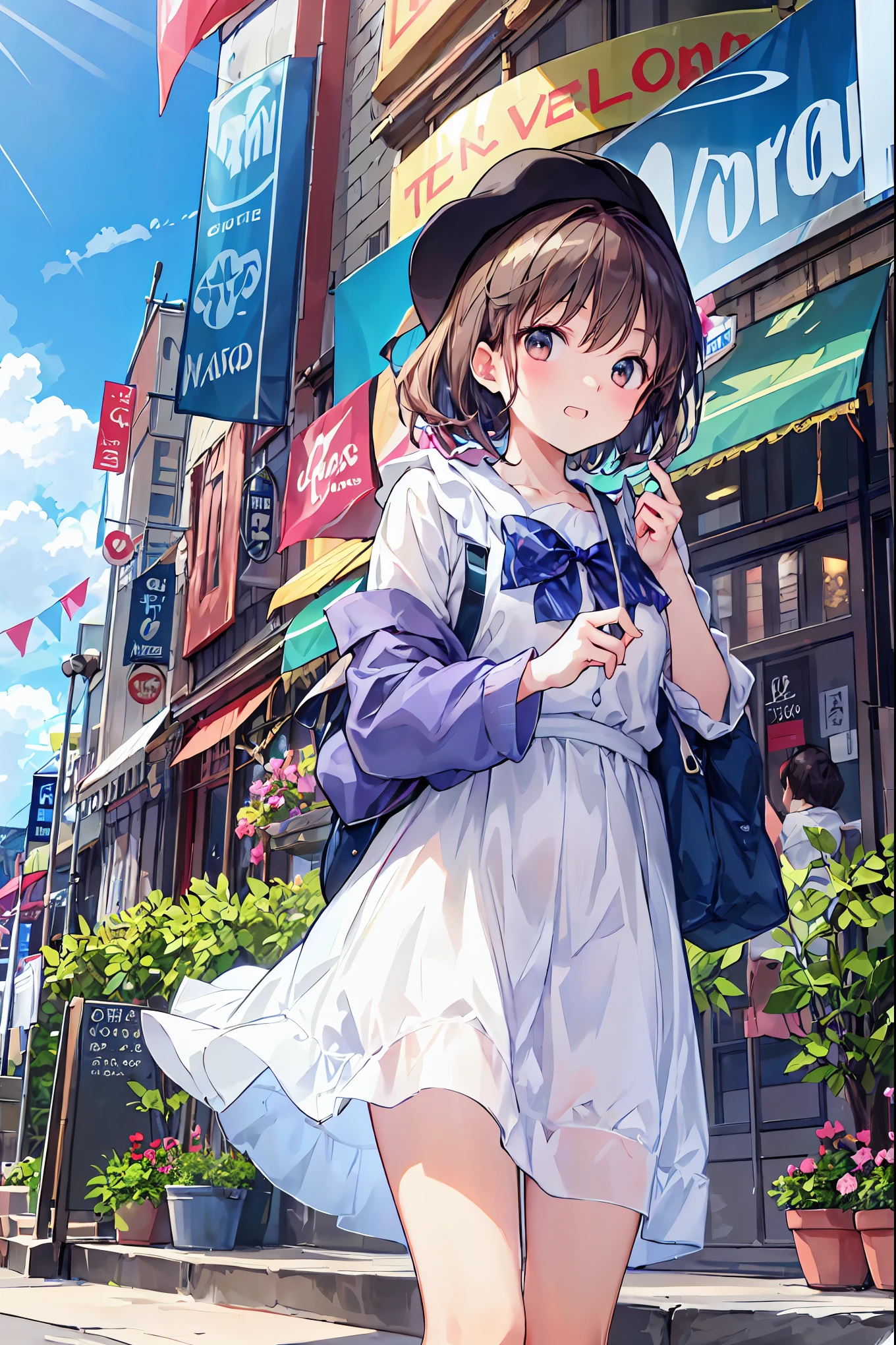  Ridiculous, high resolution, ( Anime Style:1.1), ((masterpiece)), ((Highest Quality)), (超high resolution), ( beautiful), TOKYO DISNEYLAND,TOKYO DISNEYLANDの活気に満ちた魔法のような雰囲気の中を歩く, casual clothes､cute服､Cinderella Castle can be seen in the background, warm sunshine､The vibrant and cheerful atmosphere of Disneyland，Families and couples pass by,solo,  beautiful face、(lift),cute 、looking down on the ground from bad scaffolding above a 2000-meter-high building,wind, light brown hair,  Are brown eyes  , Laughter,viewers, lens flare,Dramatic,  ANCIENT CITY、 windになびくスカート、Clouds looking down 、Highland、 see below 、Don'Don't look here