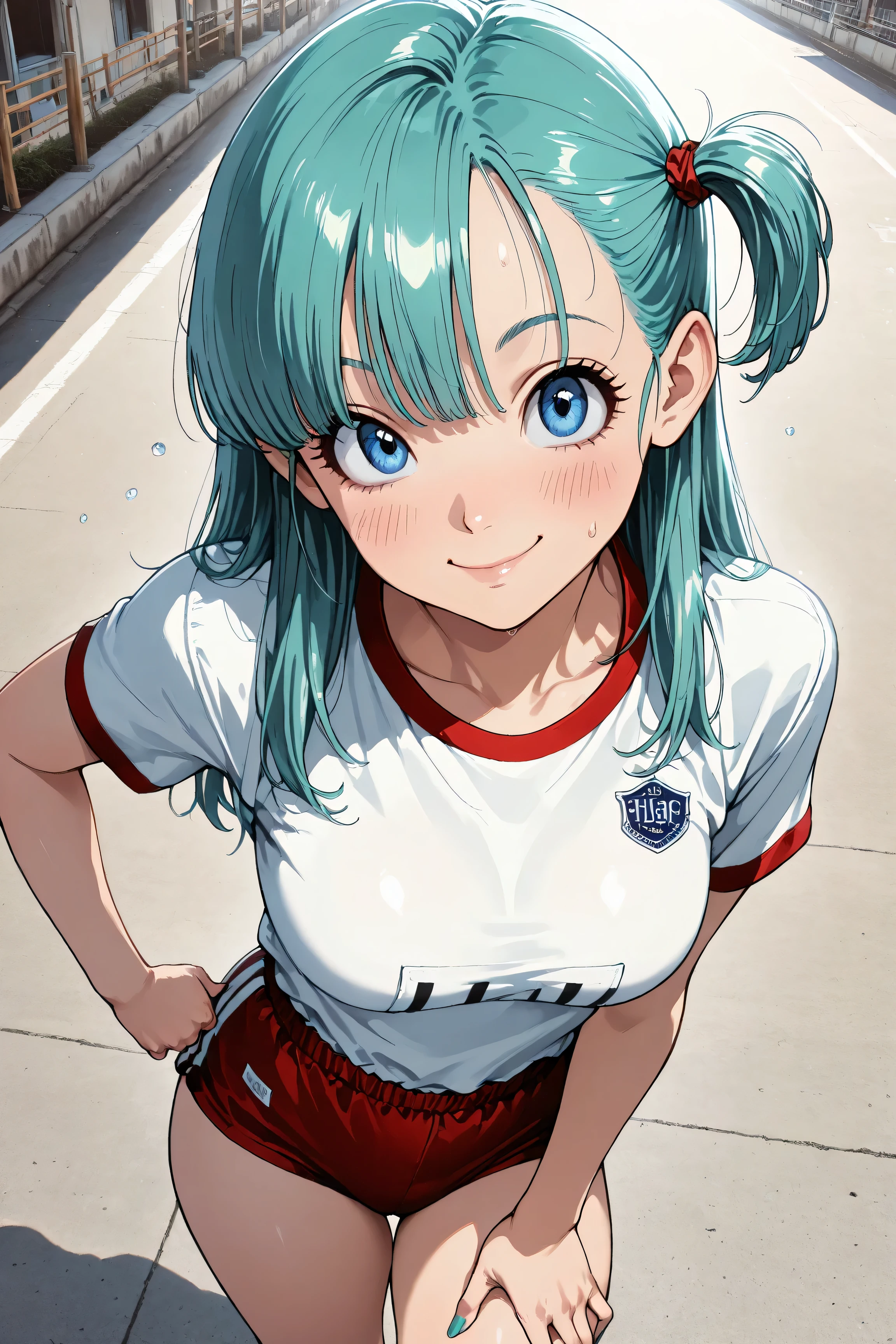 Bulma, 1girl, solo, realistic, detail, (masterpiece), (Highest Quality), (ultra-detail), original, nail polish, photo background, masterpiece, Highest Quality, absurd, Newest, very aesthetic, Great Quality, high resolution, high resolution, ultra detail, Best Anatomy, HDR, 8k, high definition RAW color art, High Contrast, viewers, (Full Body、Pose), smile BREAK A detail, photorealistic クローズアップ of two Japanese schoolgirls wearing traditional navy bloomers and white gym shirts at a late Showa-era sports festival (Around 1985). Seen from above, they look up shyly, blushing and dyed pink cheeks. One girl sheds her hair behind her ears, on the other hand、The other one holds a rolled up team banner on his chest. ぴったりとしたBulmaーはウエストに優しい折り目をみせる, and、Fine dust from the schoolyard sticks to their thighs. behind them, A colorful festival flag swings under a bright sky, and、The faint silhouette of the concrete school building suggests the times. fine sunlight drops natural highlights, subtle film grains and gentle color fading、It creates an authentic vintage feeling that evokes both charm and nostalgia.