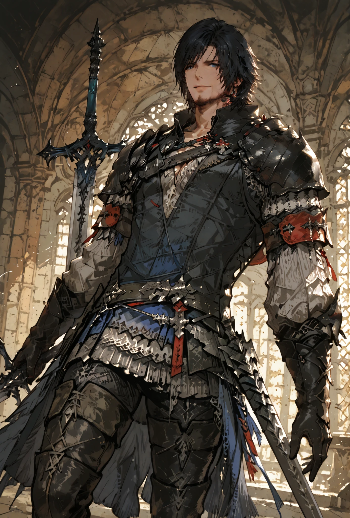 (score_9,score_8_up,score_7_up),((MAN, 1 MAN, CLIVE, FINAL FANTASY XVI, CLIVE full clothers, WITH SWORD, LIGHT MUSCLE,muscle BODY TYPE,)), ,,extremely detailed,dynamic lighting,best quality,,,best quality,high quality,, , dynamic angle, , thick thighs, motion lines,, , solo, perfect eyes,,DETAIL,MASTERPIECE,,Expressiveh, ultra detailed,,,,very detailed,extremely detailed,dynamic lighting,best quality,(score_9,score_8_up,score_7_up), clive FINAL FANTASY, blue eyes, black hair, medieval clothes,,,sexy MAN, BADASS SEXY POSE , ,LIGHT MUSCLE,ATLETICH BODY TYPE,,extremely detailed,dynamic lighting,best quality,pale skin,evil smile,, sleeve, armbands, BLACK gloves