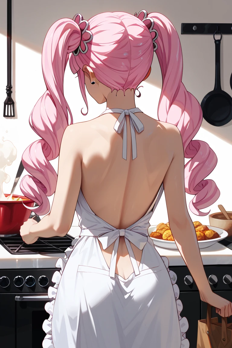 A girl with long pink hair, white slip dress, milky skin, sexy, kitchen, brush bowl, back, slender legs, perfect buttocks