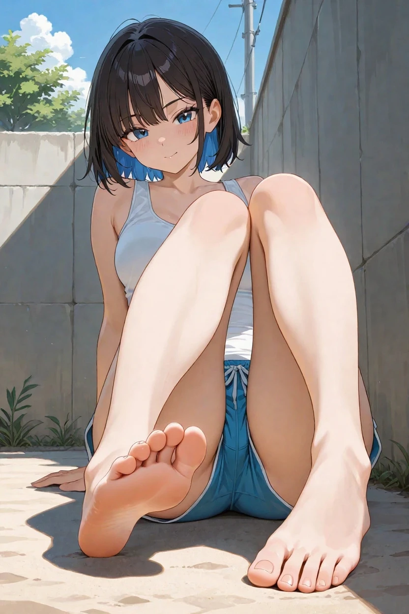 facial details,masterpiece,depth of view,cinematic angle, drsizukachan1, explicit, Shizuka Minamoto, (1 girl, alone, black hair, black eyes, twin tails, twintails, competition swimsuit, barefoot, looking at viewer:1.0, sitting, feet in focus, soles, toes, on the dirt street, scared), nsfw, (giant),