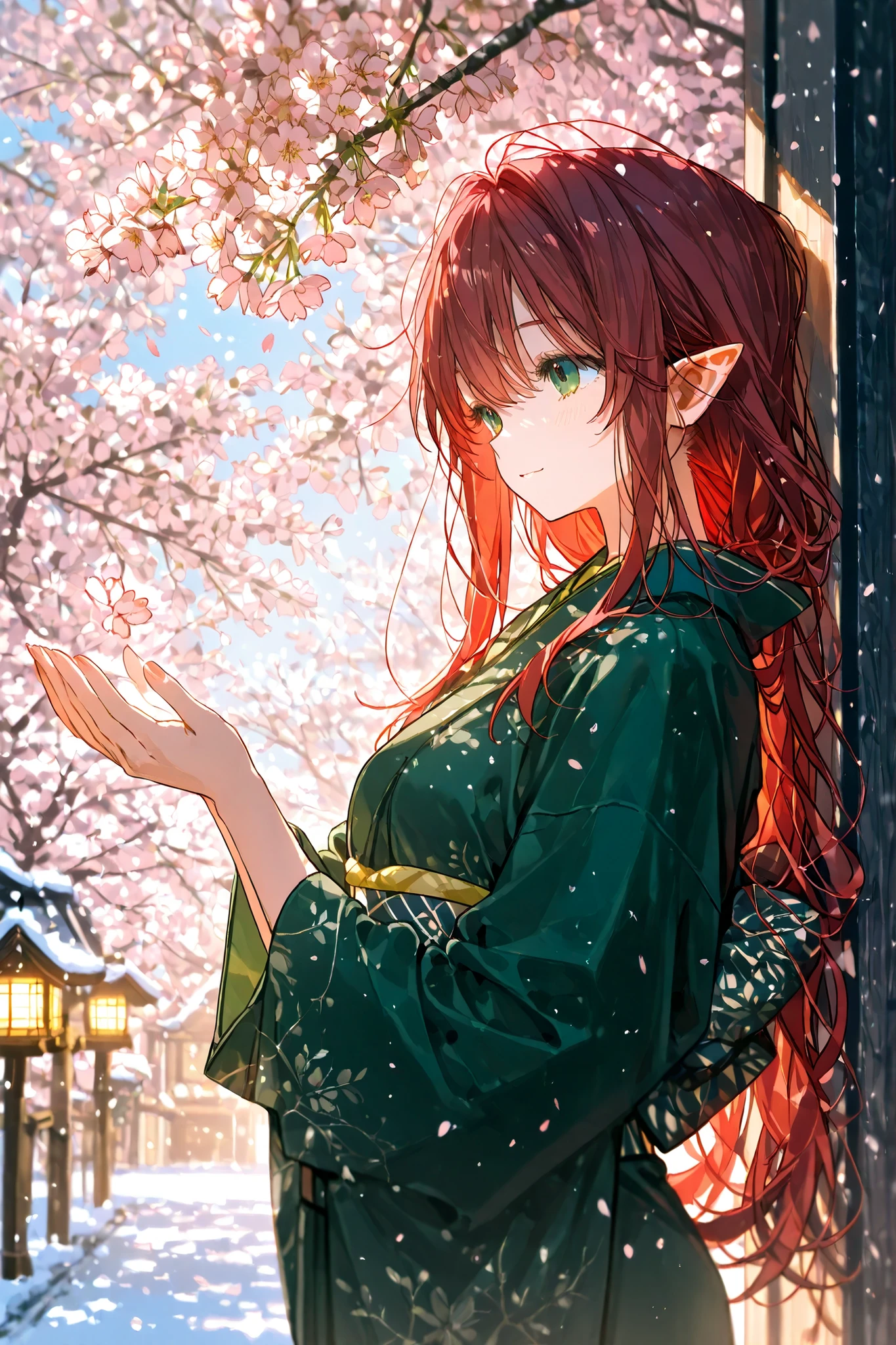 Red hair、Dark green eyes、extra long lashes、Rin々Seems、super long hair、30 years old、high resolution、high image quality、Elf、 kimono、Clear、up、 cherry blossoms at night、snow、Kasuga lanterns 、firefly、