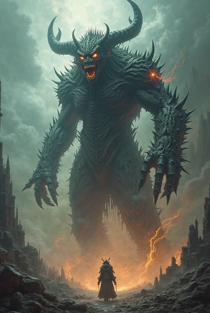 a giant boss in front of a knight, dragon, fight, bsft