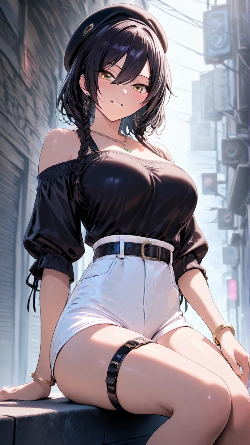 ((masterpiece, Highest quality, Very detailed)), left to right balance, Perfect Hands,beautiful hands, Perfect Fingers,beautiful fingers, Perfect Limbs,Perfect Body,Correct Human Body, beautiful eyes, (soft lighting:1.2), 

One girl, 20 yers old, full makeup, black hair, bob cut, swept bangs, BREAK ((black eyes)), droopy eyes, thick thighs, medium breasts, 
looking at viewer, cowboy shot, 
NSFW:1.3, 
smile, ((open mouth)), ((lots of pierced earrings)), silver chain necklace, silver bracelet, 
BREAK squatting, breast grab, spread legs, open legs wide, (show off thong), (purple and black thong), 

BREAK (white cropped blouse), (cleavage), (black pleated mini skirt with belt)), platform sandals,

The gap between buildings, very narrow alleys, concrete passageways, air conditioner outdoor units, piping, dim lighting, atmospheric shadows, 