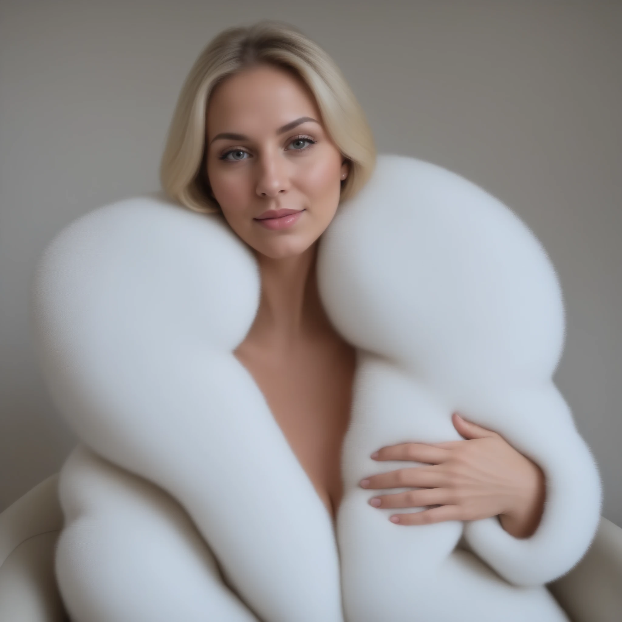 MILF super sexy de 25 ans, Ludivine Dedonder; deux énormes super gros seins, beautiful very elongated breasts, Pendentifs, visage sexy, Cheveux blonds courts avec frange, beau corps , bassin large, , vêtue d'un énorme manteau de fourrure en vison blanc, très très épais,50 centimètres d'épaisseur, col de fourrure de vison blanc très épais, moelleuse et soyeuse, ouvert laissant voir ses deux seins, et jupe en fourrure, éclater de rire, tirant la langue, assis dans un fauteuil en osier