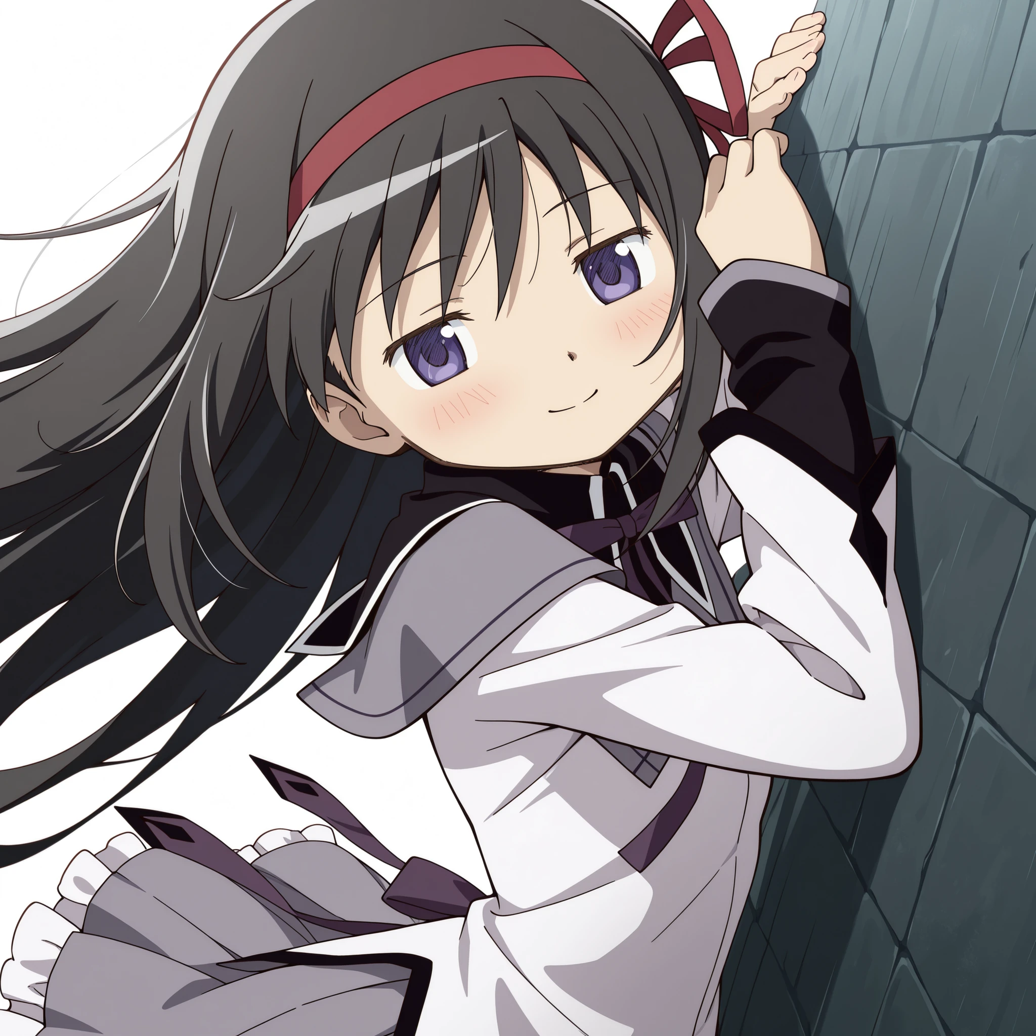 masterpiece, best quality, newest, absurdres, highres, safe, anime style, anime capture, anime screen, 1girl, solo, mahou shoujo madoka magica, akemi homura, purple eyes, black hair, long hair, red hairband, red hair ribbon, capelet, purple ribbon, grey shirt, long sleeves, grey frilled skirt, argyle pantyhose, black high heels, smile, blush, upper body focus, looking at viewer, zettai ryouiki, dutch angle, outdoors, white background