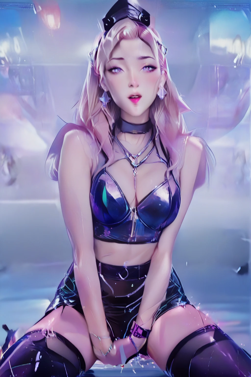 Light blue and red color scheme，pink nipples，，white curly hair, high detail, highest quality, supper detail, pink cat  ,  dark background, 5/6 bodies, hair above nipples, spread your legs, Sleeping Dresses, body piercing, piercing in crotch, pierced nipples