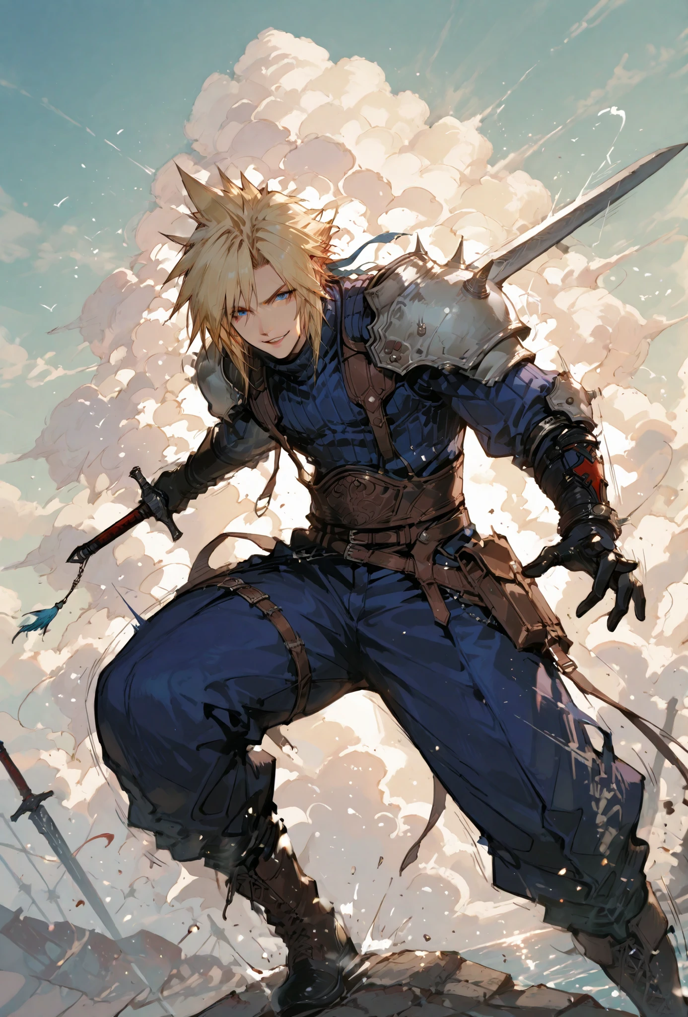 (score_9,score_8_up,score_7_up),((MAN, 1 MAN, CLOUD STRIFFE , FINAL FANTASY VII, CLOUD full SOLDIER clothers, WITH A  SWORD,), ,,extremely detailed,dynamic lighting,best quality,,,best quality,high quality,, , dynamic angle, , thick thighs, motion lines,, , solo, perfect eyes,,DETAIL,MASTERPIECE,,Expressiveh, ultra detailed,,,,very detailed,extremely detailed,dynamic lighting,best quality,(score_9,score_8_up,score_7_up), CLOUD, FINAL FANTASY VII, BLUE eyes, BLONDE SPIKY hair, , BADASS POSE,ATLETICH BODY TYPE,,extremely detailed,dynamic lighting,best quality,pale skin,evil smile,, sleeve, BLACK GLOVES