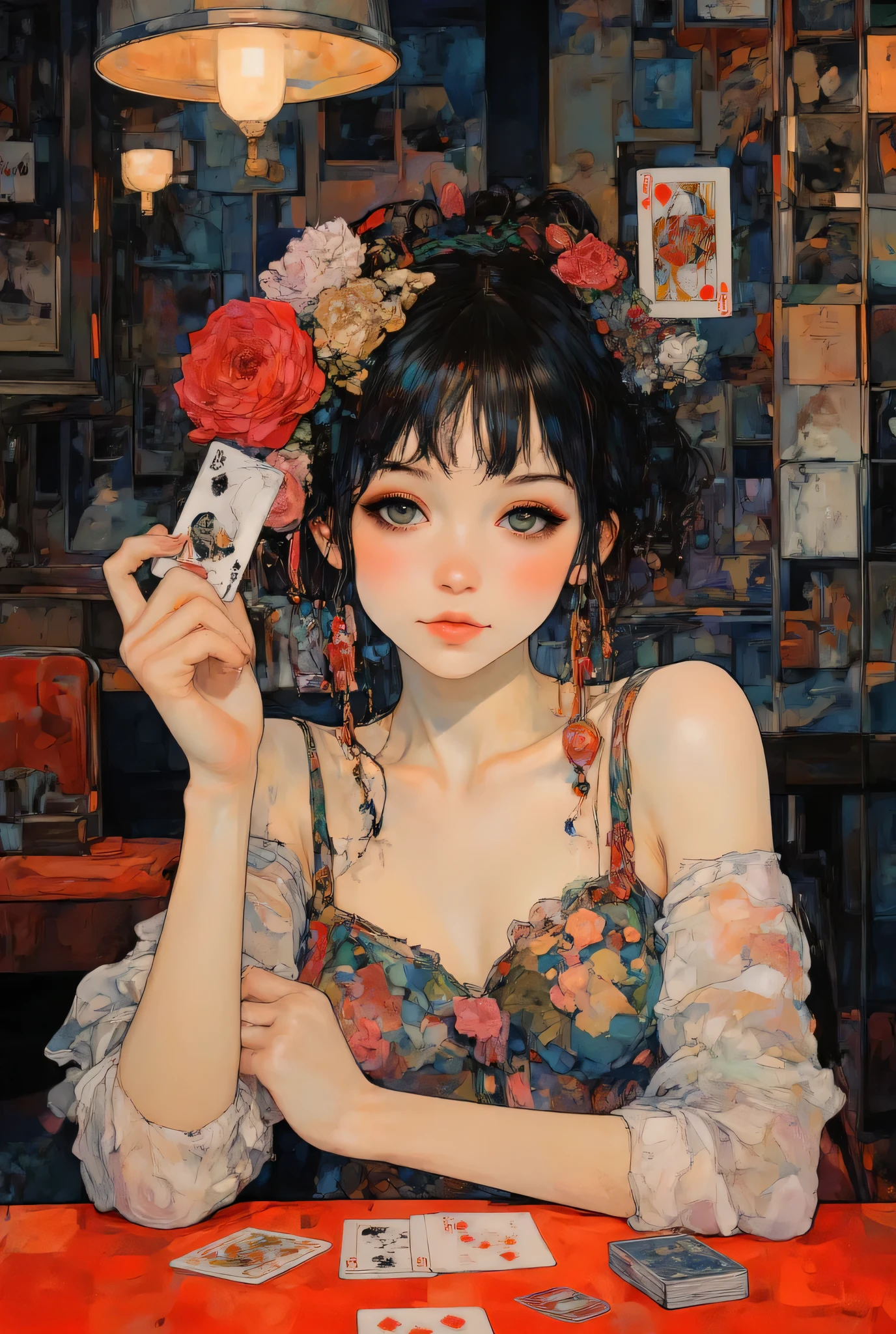 (非常に美しく精巧な水彩画:1.5), A stunningly beautiful young girl, master of card games, sitting at a dimly lit table, holding playing cards with confident elegance, surrounded by subtle hints of luxury, soft warm lighting, painted in the style of Impressionist oil painting, rich texture, expressive brush strokes, vibrant but harmonious colors, atmosphere of sophistication、クオリティ\(8k,非常に精細なCGユニットの壁紙, 傑作,ハイデフィニション,top-クオリティ,top-クオリティ real texture skin,シュールレアリズム,解像度を上げる,未加工写真,最高のクオリティ,非常に詳細,壁紙\)
