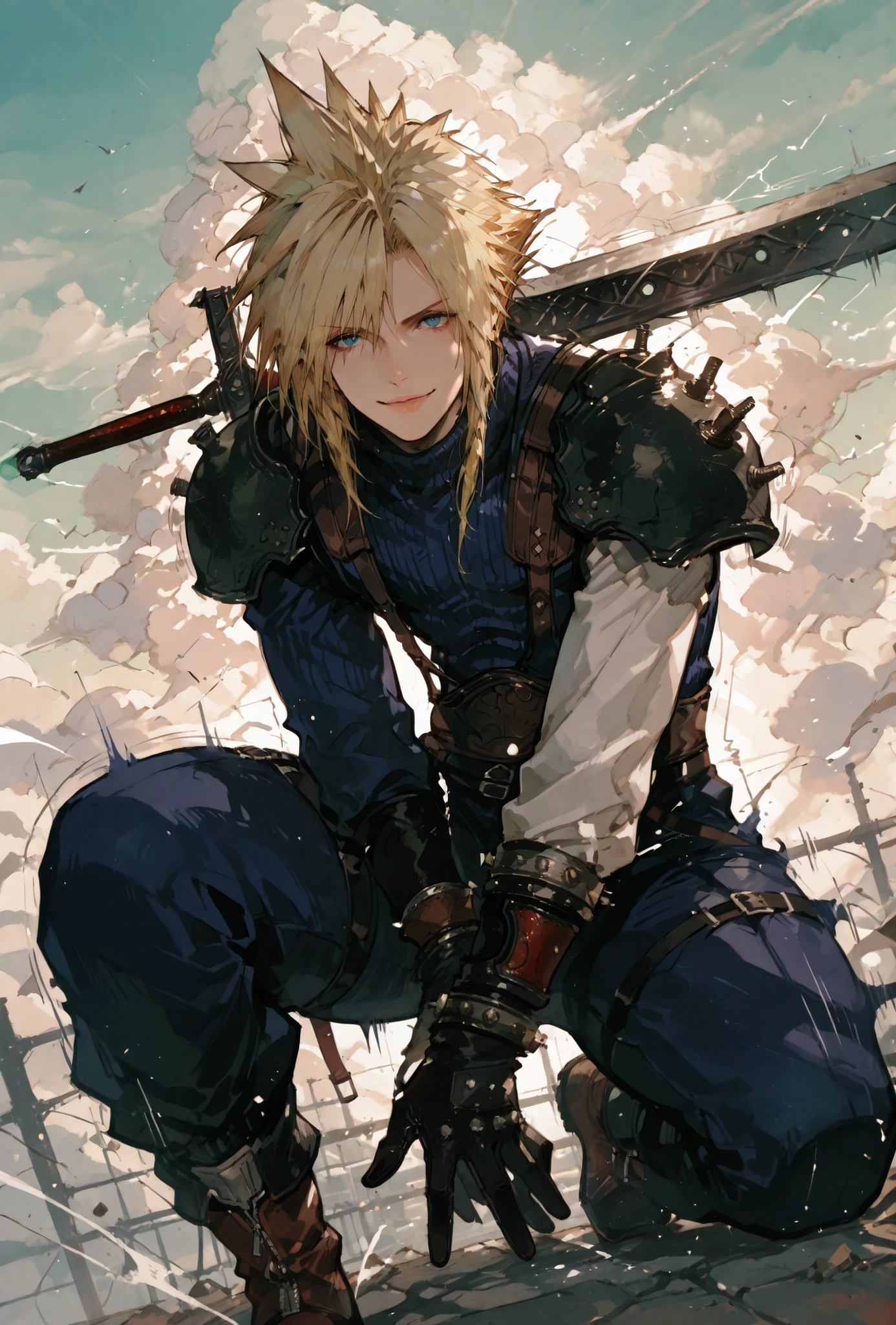 (score_9,score_8_up,score_7_up),((MAN, 1 MAN, CLOUD STRIFFE , FINAL FANTASY VII, CLOUD full SOLDIER clothers, WITH A BASTARD SWORD,), ,,extremely detailed,dynamic lighting,best quality,,,best quality,high quality,, , dynamic angle, , thick thighs, motion lines,, , solo, perfect eyes,,DETAIL,MASTERPIECE,,Expressiveh, ultra detailed,,,,very detailed,extremely detailed,dynamic lighting,best quality,(score_9,score_8_up,score_7_up), CLOUD, FINAL FANTASY VII, BLUE eyes, BLONDE SPIKY hair, , BADASS POSE,ATLETICH BODY TYPE,,extremely detailed,dynamic lighting,best quality,pale skin,evil smile,, sleeve, BLACK GLOVES