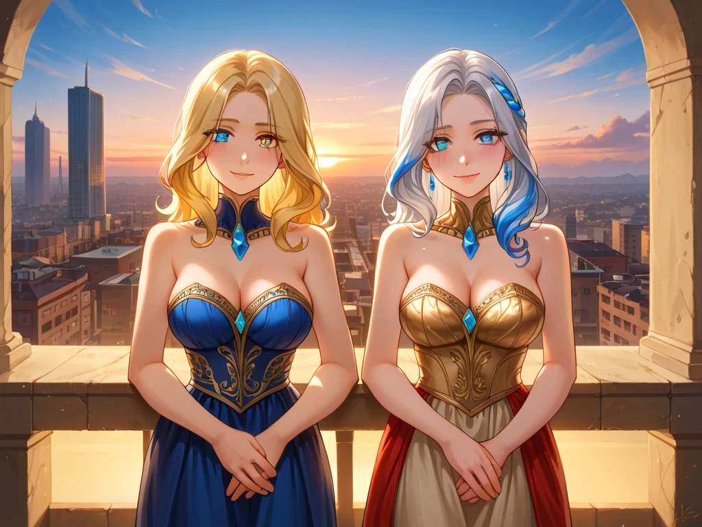 anime,2girls, twins, pov,masterpiece, high quality,High resolution,HD,4K,8K,high quality,portrait,simple background, blonde hairs, long hairs, stylish braids, red lips, sky blue sparkling almond shaped eyes, spacious cyan ancient robes, full body, Independently deformed breasts,viscous paint,oily skin,Slimy Cleavage,(Cleavage Bulge,deformed to flat breasts:1.4),(big breasts:1.2), Compressed chest