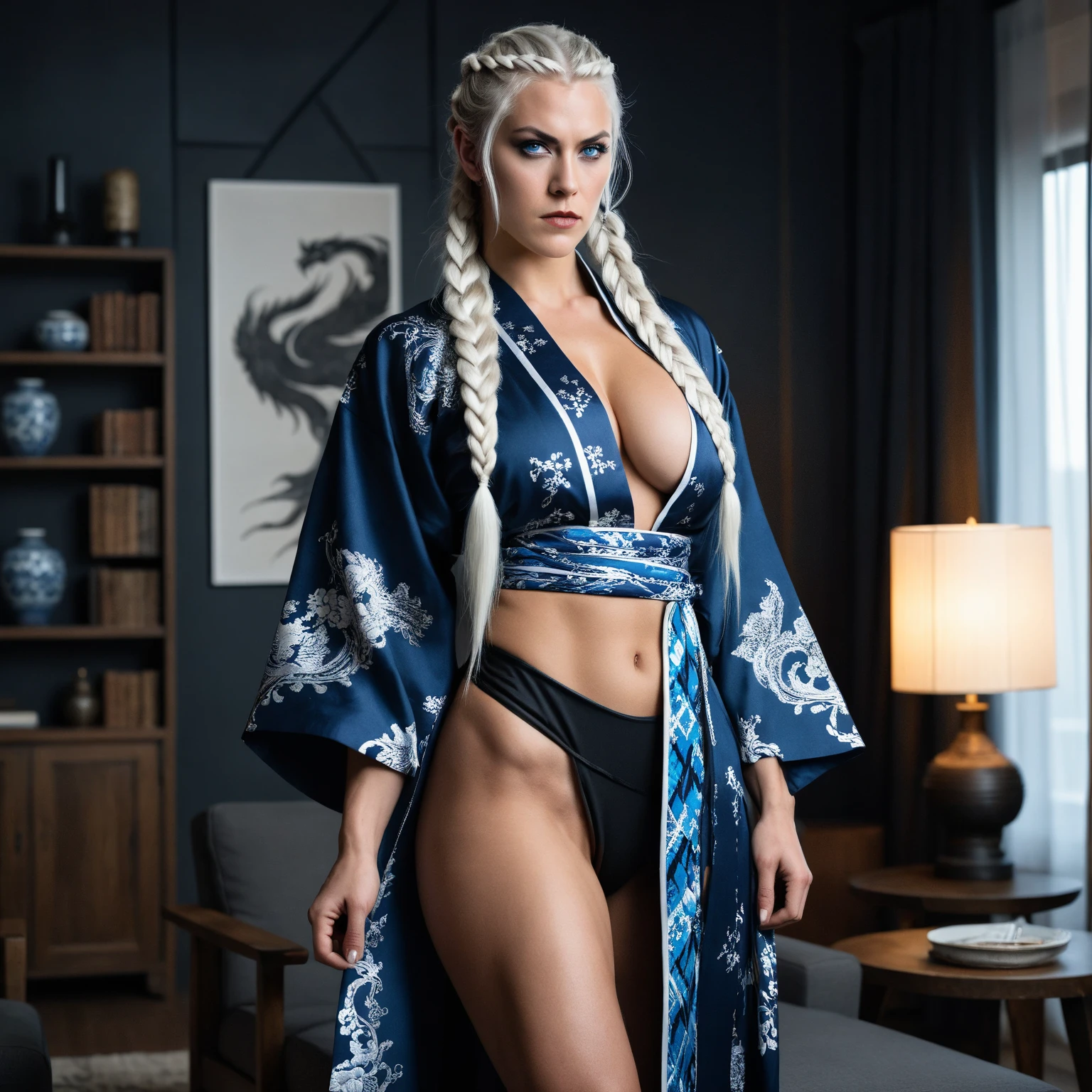 photorealistic, masterpiece, photorealistic, high resolution, soft light, hips up, blue eyes, white hair, long hair, Intricate details EABA, cloaks, short steel claws, Royal Sumo, Armor, warrior, flags