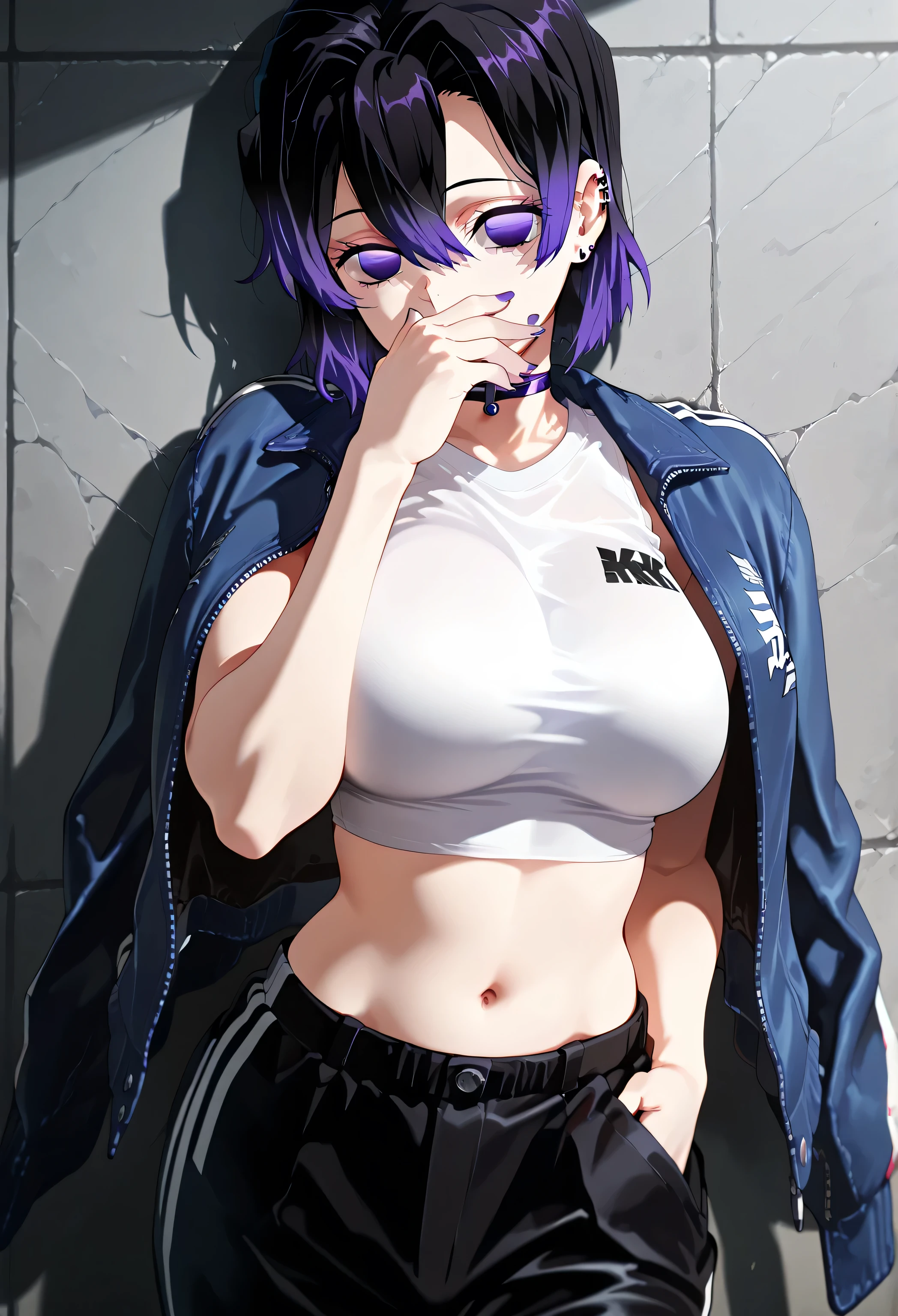 masterpiece,best quality,amazing quality, 1girl, jacket on shoulders, black hair, navel, short hair, choker, black pants, shinobu kocho, looking at viewer, midriff, white shirt, hand in pocket, multicolored hair, crop top, gradient hair, purple eyes, standing, covering own mouth, nail polish, blue jacket, purple nails, colored tips, stomach, taut shirt, purple hair, covered mouth, hair between eyes, open jacket, open clothes, sleeveless shirt, taut clothes, leaning back, purple gradient hair, against wall, ear piercing, jewelry, hand up, cropped shirt