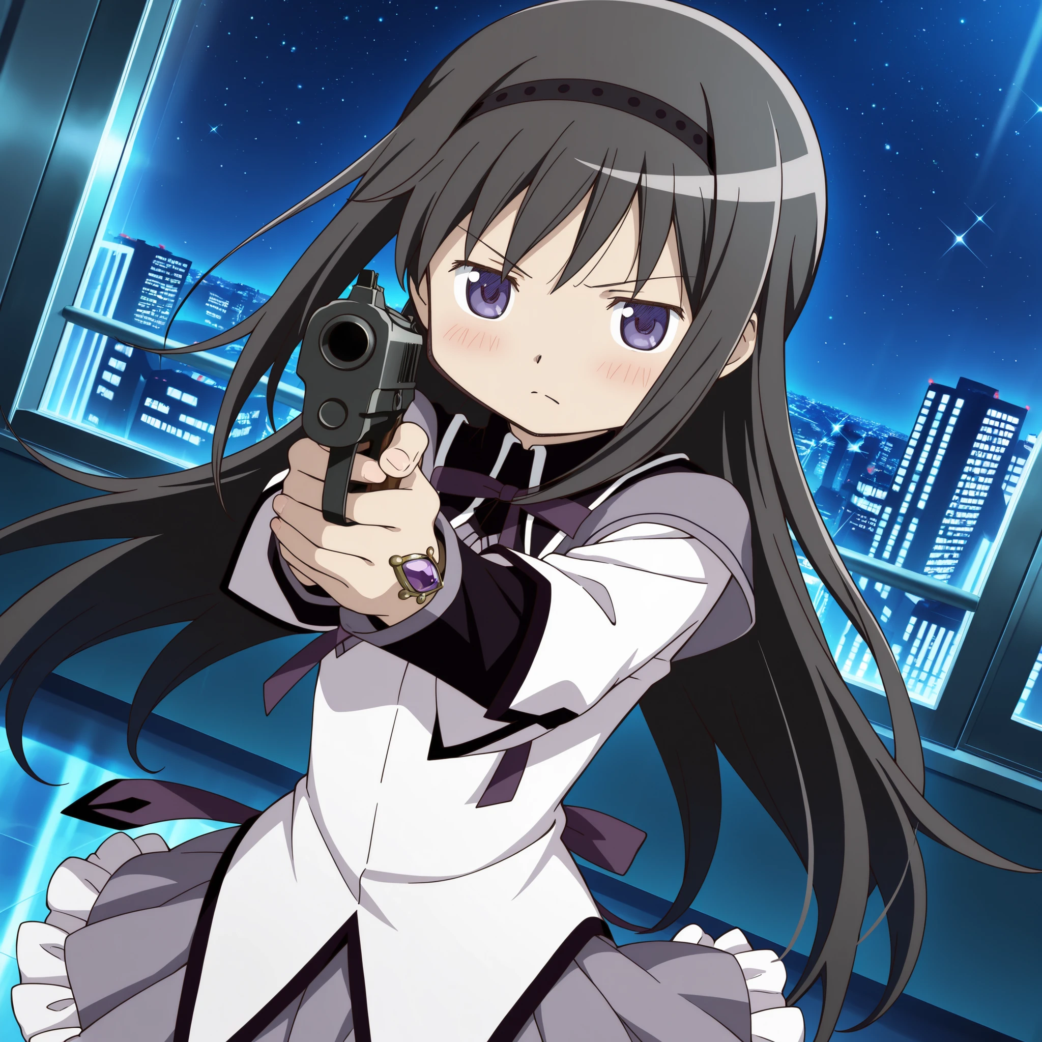 masterpiece, best quality, newest, absurdres, highres, safe, anime style, anime capture, anime screen, 1girl, solo, mahou shoujo madoka magica, akemi homura, purple eyes, black hair, long hair, black hairband, capelet, purple ribbon, grey shirt, long sleeves, grey frilled skirt, argyle pantyhose, black high heels, shield, soul gem, holding gun, aiming, face shadow, powerful, fighting stance, angry, blush, upper body focus, looking at viewer, zettai ryouiki, dutch angle, indoors, glass room, glass dome, night, starry sky, city
