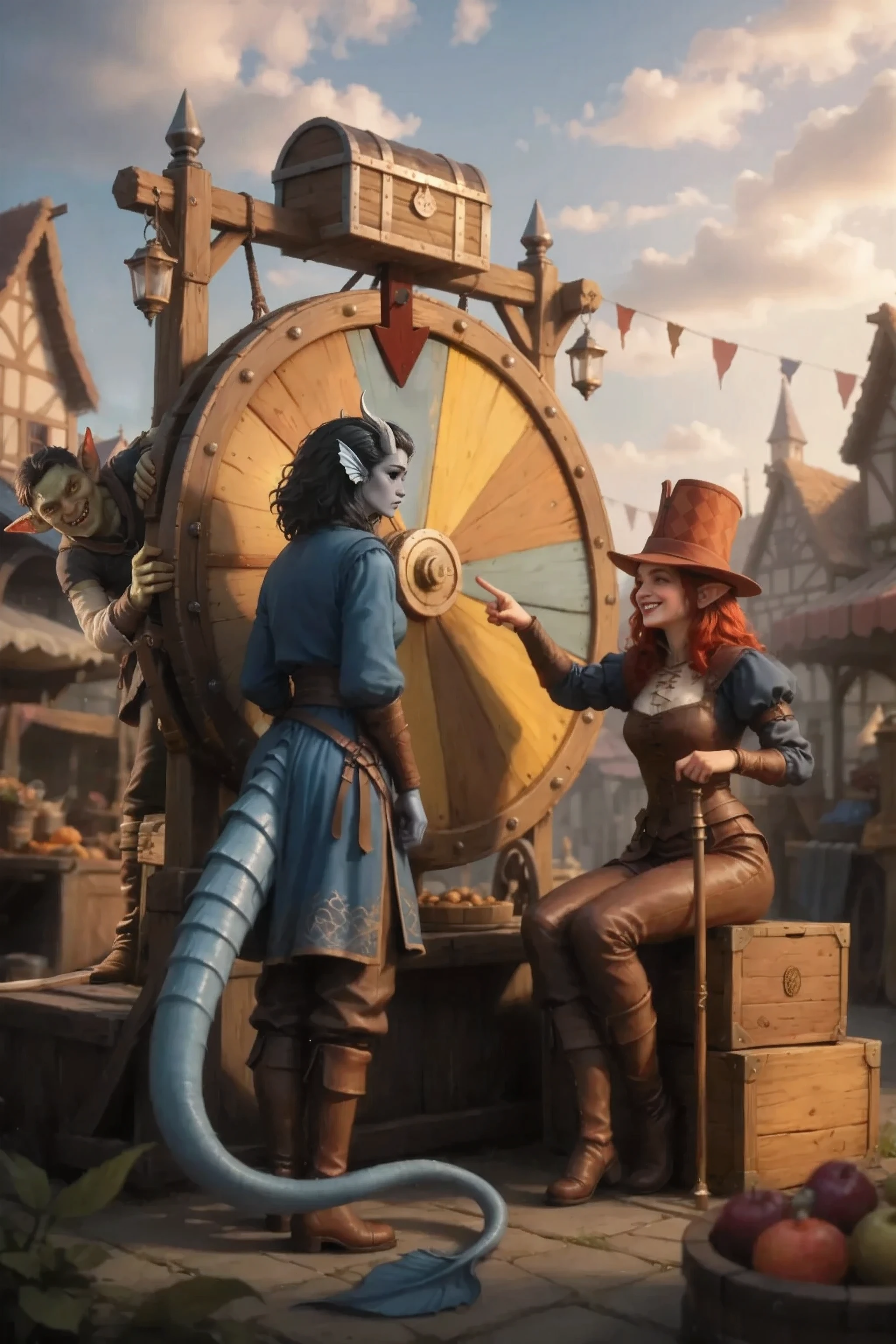 In the foreground is an insecure Kedra girl with blue skin and a very long thick tail pointing slightly down from behind with black hair dressed in brown medieval pants with ties and a short blue patterned robe. looks curiously, leaning forward and pointing her finger at the large round wooden strip disc set in sectors with a bright wooden chest painted on a plaque above.
Next to the wheel, there is another cunning woman playfully leaning on him with a cunning, insidious smile on her face sitting on wooden drawers with her foot over her with red hair in expensive bright tight medieval leather clothes and a sturdy organizer's figure and a bright cylinder hat with a checkerboard pattern on his head on a small wooden pedestal or wooden boxes, leaning on a wheel and spinning it from the edge with his hand, , the girl has an expensive cane in her other hand.
Behind the wheel is a cunning, cunning nasty man who looks like a goblin with greenish skin and long ears.
Against the background of a medieval market.
A warm dawn light breaks through the beautiful clouds giving long soft shadows.
masterpiece, the best quality, Ultra-detailed, Cinematic emotional static frame, 8K UHD, extremely detailed, physical visualization, HDR.
Unrealistic image, fantasy genre, dramatic lighting. Highly detailed digital art style, (sfw:1.3).