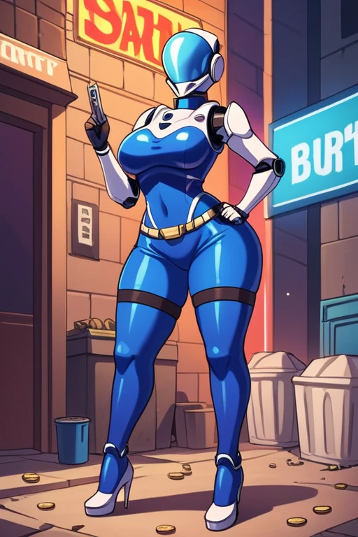 1girl, wide hips, standing, bulletproof vest, cyberpunk, dystopia, ghost in the shell, blue camo, blue body armor, full body shot, whole body, solo, cleavage, cleavage cutout, bike shorts, exposed legs, bare legs, exposed thighs, bare thighs, exposed knees, exposed calves, nsfw, nude, naked, sexy, tight clothes, skintight, exposed shoulders, exposed stomach, exposed hips, city skyscraper, street, tower, apartment, glowing eyes