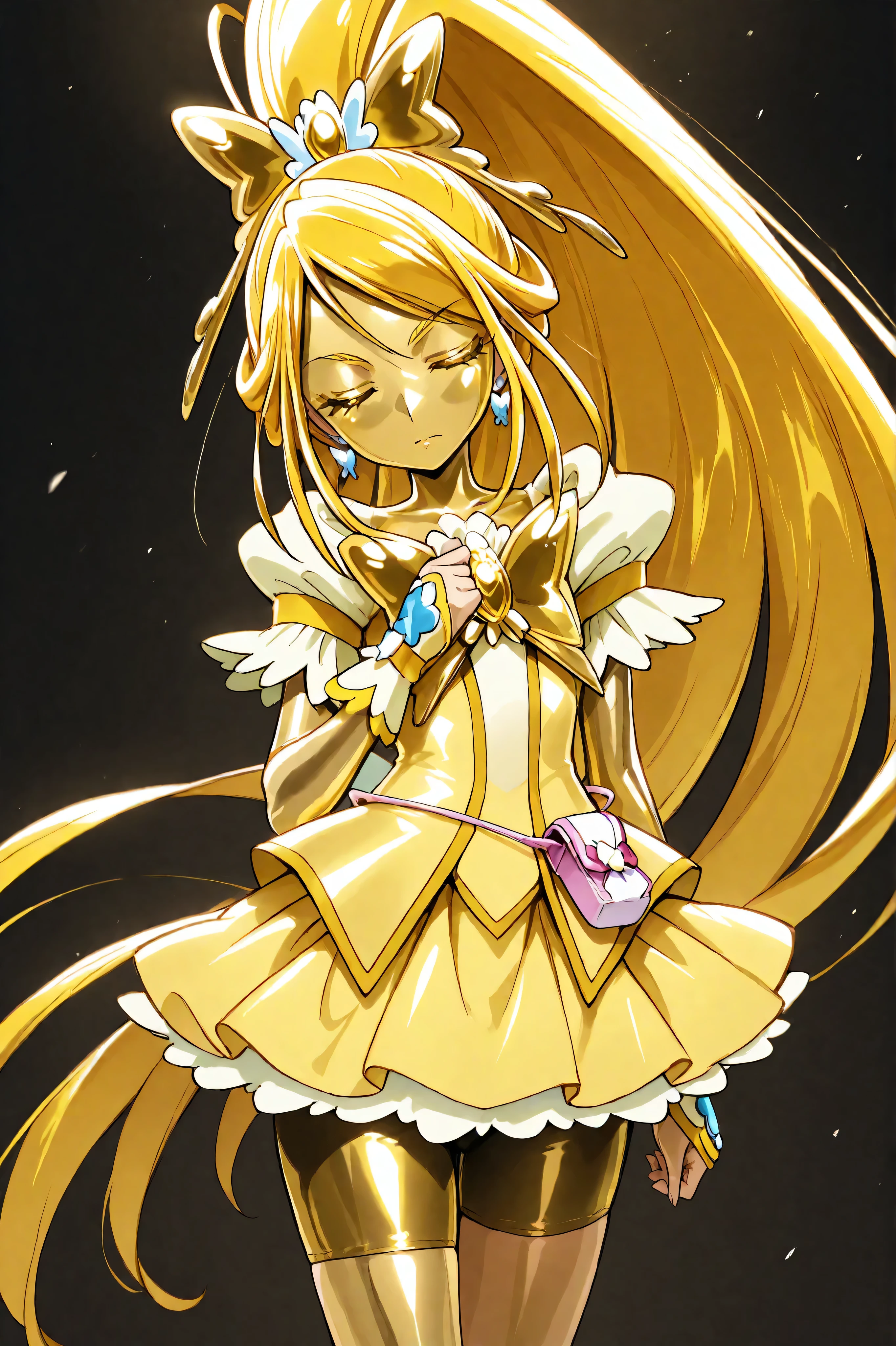 Cure Aqua, masterpiece, best quality, Newest, Very High Definition, closed eyes, yellow hair,  yellow sclera, closed mouth, No students, Yellow skin, shiny skin,  metal skin, Black eyebrows, Hanging Eyebrows, 1girl, solo, cowboy shot showing waves, Good posture, standing, dynamic,  Looking at the viewer, sleeping, serious expression, black background, I'm putting my hands down, wide ponytail, Gold_butterfly brooch , Gold_shorts, Gold_butterfly hair ornament, Long Hair, Gold_shorts, ponytail, Magical Girl, Gold_skirt, bike shorts, Gold_shorts under skirt, hair ornament, Gold_gem, high ponytail, metallic outfit,  both eyes closed