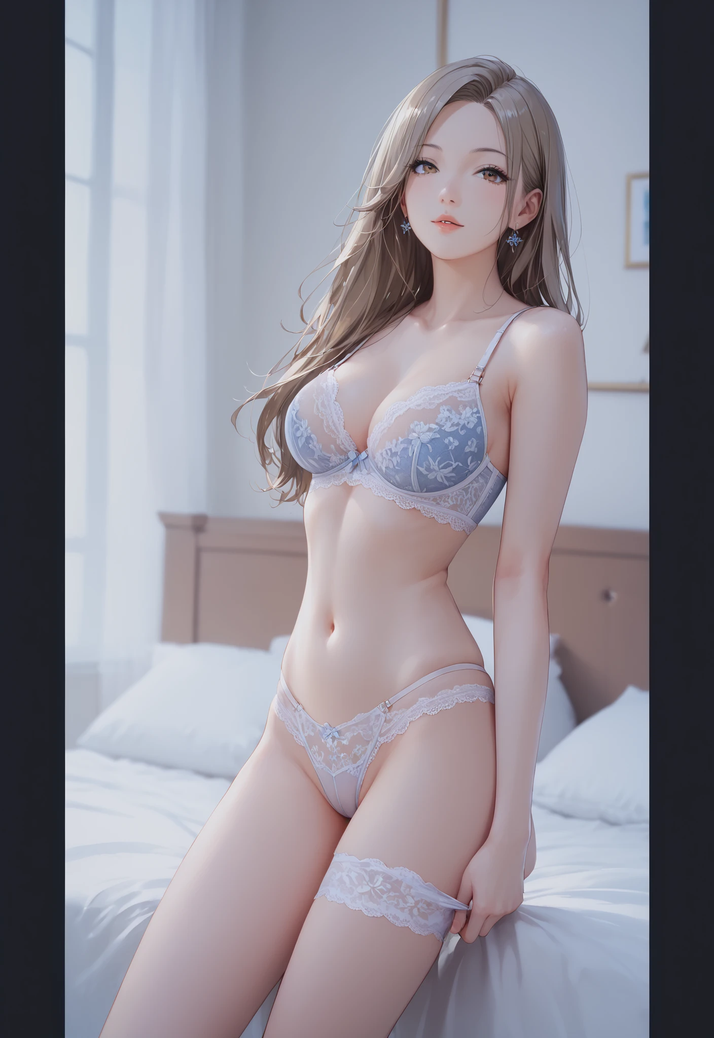 (masterpiece:1.5), (photorealist), (bestquality), (highlydetailed), (ultra-detailed), (1girl:1.2), ((solo girl)), ((cowboy shot)), (curvy:0.7), ((large breasts)), cleavage, smile, blush, ((thick thighs)), (long ginger hair), (blue eyes) ((laying on bed)), (white bra), (white panties), cameltoe, ((best composition))