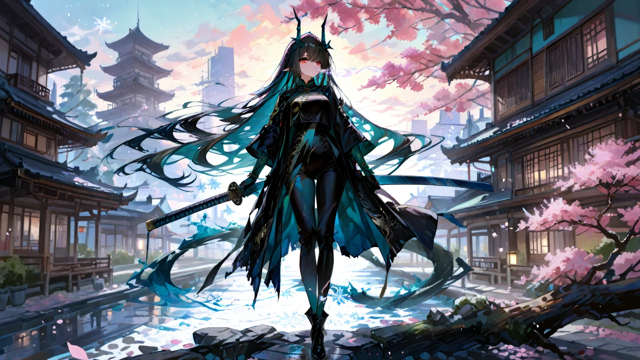 (masterpiece , Highest Quality , Highest details, exquisite,8k, absurd, Ultra Precise Illustration , long range photoragy ,), 1 girl , full body , (Arknights: dusk) , long black hair , turquoise colored inner hair , black torn suit , holding ice katana, flowing hair blowing in the wind , snowflakes float around the body , Standing on a branch of a pink sakura tree , sakura tree , Looking towards , Japanese city in the middle , little far from the camera , background ( House of a Japanese noble family , japanses city , ),