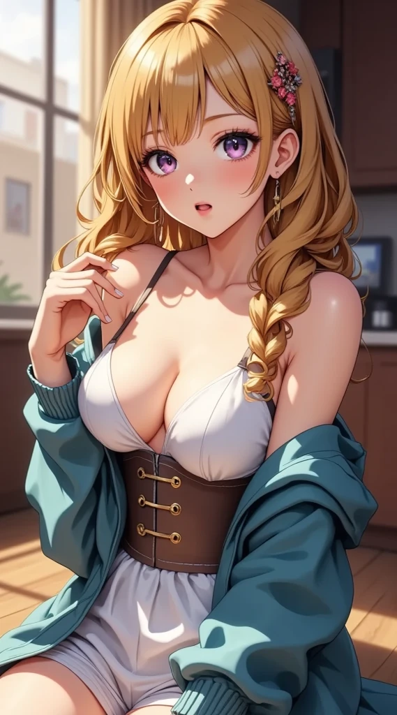 masterpiece, best quality, YelanV4, 1girl, solo, looking at viewer, blush, smile, large breasts, cleavage, green eyes, ((blue sweater, black legwear, ankle boots, boots:1.3)), couch, coffee, holding cup, ((hands on hip)), pelvic curtain, mole on breast, vision (genshin impact), cowboy shot