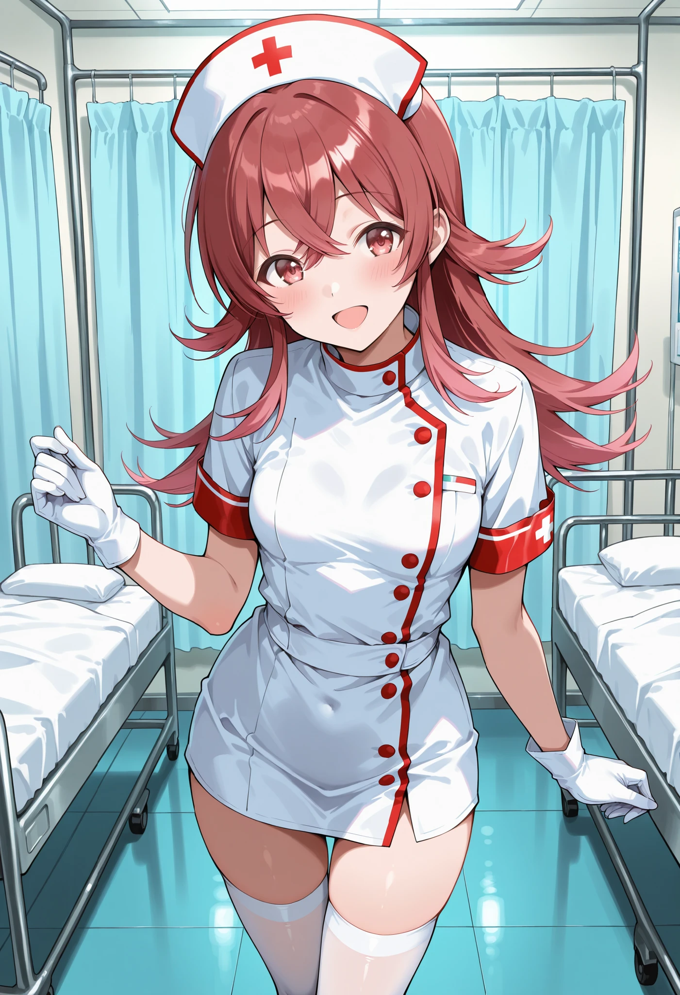 hot nurse, with dirty look, hearts in eyes, holding syringe in hands, view from below, decalte, wet skin, lamp, medicine cabinet
