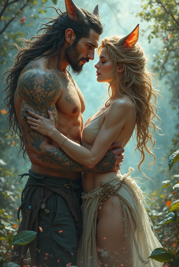 Sacred rebels, an extremely attractive couple. Dark bearded handsome bald shaman man with muscular upper body bare. Blonde fairie-like bimbo girl, dressed in flirtatious pink skimpy underwear, perky big breasts, plenty of cleavage, hourglass body. Lots of hippie style jewelry. Side by side, touching each other sensually, facing the camera, looking into the camera. General tone of picture is vivid colors, dreamlike, psychedelic.