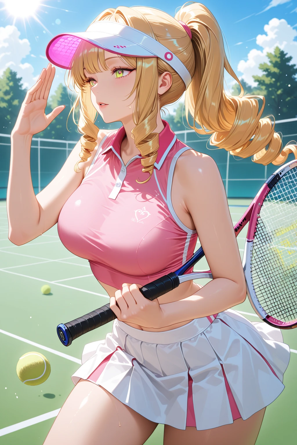 blonde long twintail hairstyle, big breasts, (((Detailed tennis wear in pink color))), (Full body Esbian)、Tennis court、ribbon、Tennis、serious face、Dynamism、tennis pro、Cool、accurate depiction、high resolution、(black detailed lace lingerie)、(I can see my panties)、detailed poses、ideal style,One racket,Ergonomically suitable,buckshot,(((Low - Angle))),lift the skirt