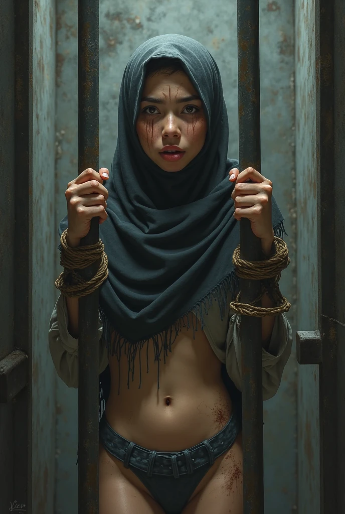A beautiful Asian girl with white skin wearing a long black hijab without clothes had both her arms hung up With rope And hanged by several old men so that she looked very tormented and Fatigue, Make the old men look near the girl, And make the picture visible from head to toe