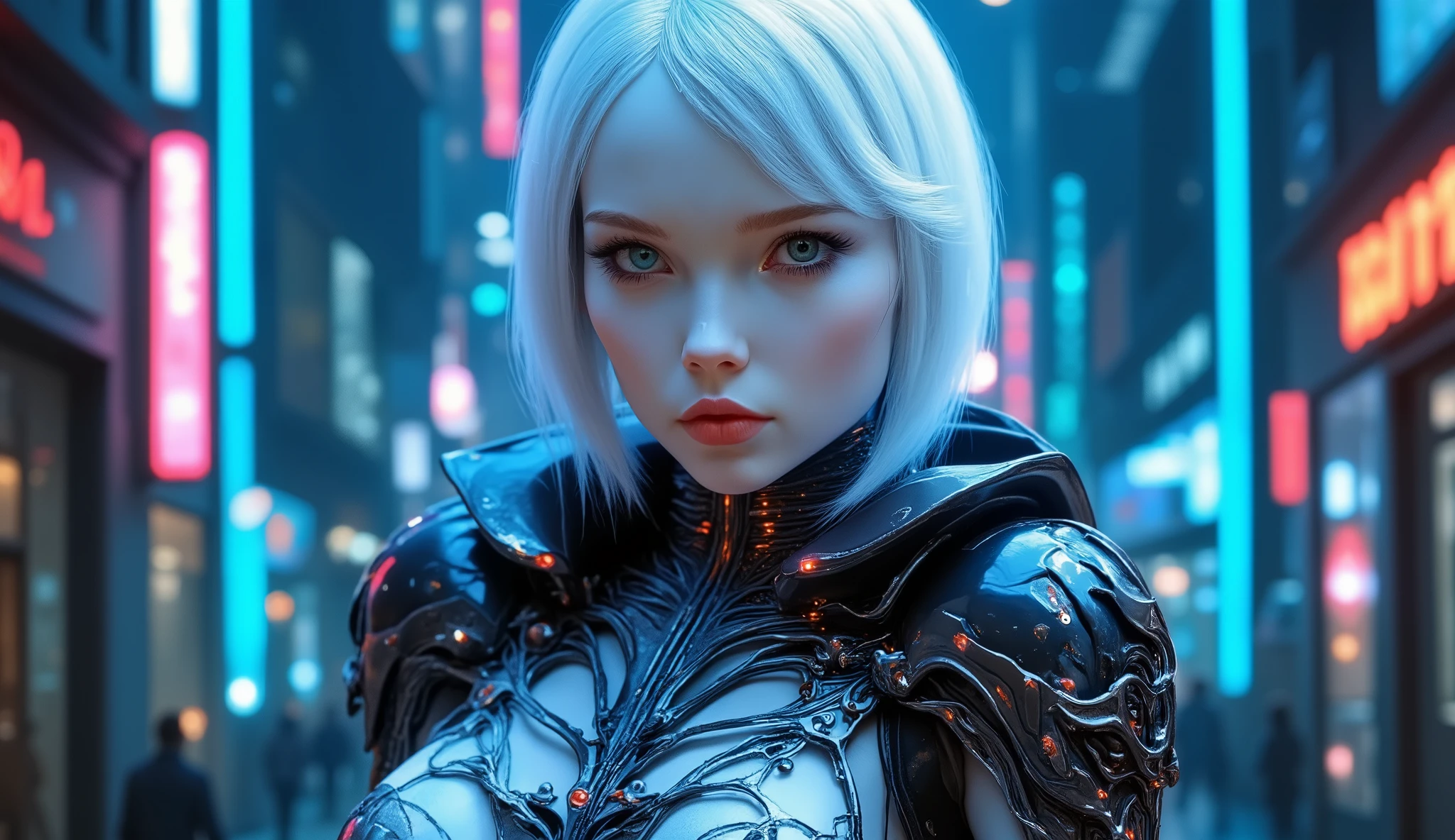 (best quality, 128k, highres, masterpiece:1.2), ultra-detailed, (realistic, photorealistic, photo-realistic:1.37), ((masterpiece)) ((photography)) ((highest quality)),A futuristic elf cyborg with a sleek, metallic body fused with organic elven features. She has glowing, intricate cybernetic tattoos along her arms and face, pointed ears made of polished metal, and vibrant, luminous eyes. Her armor-like outfit combines advanced technology and elven elegance, with flowing details resembling vines or ancient runes. She wields a high-tech bow emitting holographic energy. The background is a cyberpunk forest with glowing bioluminescent plants and a starry sky, creating a mix of nature and technology. The style is hyper-realistic and richly detailed.