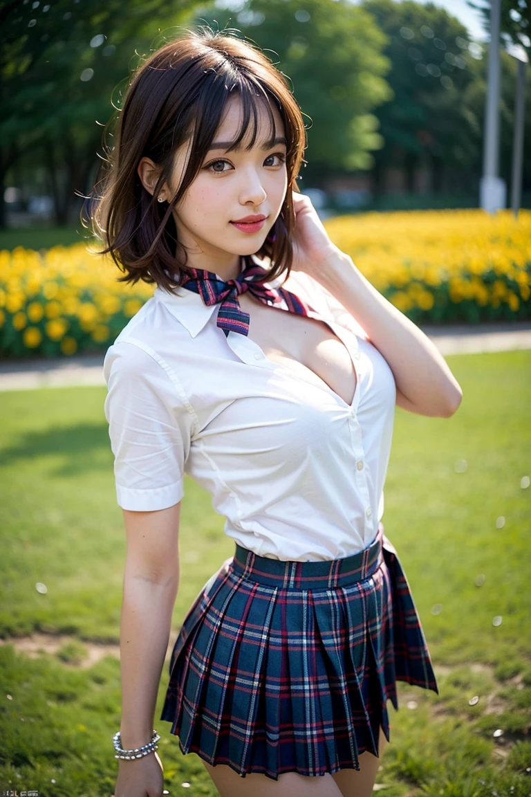 Mastepiece, Best Quality, (Highest quality、8k、masterpiece:1.3)、Ultra-high resolution、Physically Based Rendering、(Photorealistic:1.37)、Beautiful woman with perfect body:1.4、Slim abdomen:1.2、Highly detailed face and skin texture、 Red Cheeks、White skin、Narrow waist,Thin legs、Highest quality,Very beautiful woman, (cute:1.2),Perfect Glowing Skin、((Flower Field))、(((Full nudity)))、smile、((A bow tie))、((Knee-high socks))