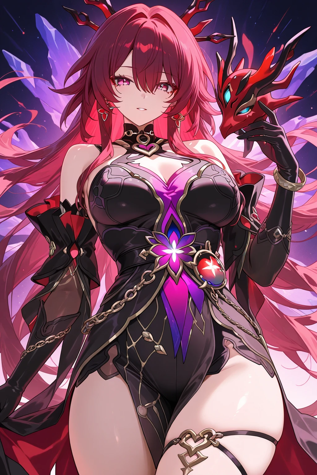 (masterpiece:1.3), (absurdres:1.3), (best quality:1.3), (ultra-detailed:1.3),(best shadow:0.7), (handled hair), (sharp eyeliner, eyeshadow, detailed eyes:1.1), perfect anatomy, BREAK 1girl, solo, (military uniform, uniform) , red hair, asymmetrical bangs, long hair, floating hair, red eyes, glowing eyes, narrow waist, medium breasts, dark aura, evil_grin, evil smile, upper body, portrait,  glossy, glitter, gold accessories, headdress, jewelry, medal, medallion, hair ornament, (black bodysuit, frilled dress, frills, black gloves, covered_shoulders), layered dress, highleg leotard, latex legwear, pubic_tattoo, tattoo, glowing_pubic_tattoo, standing, black cloak, red cloak, choker, (red gem, yellow gem, purple gem, pink gem, red gem), thigh strap, (floating_weapon, weapon), 
BREAK light particle, ice, crystal, stars, magic, casting spell, spell, fantasy, magic dust, summoning,