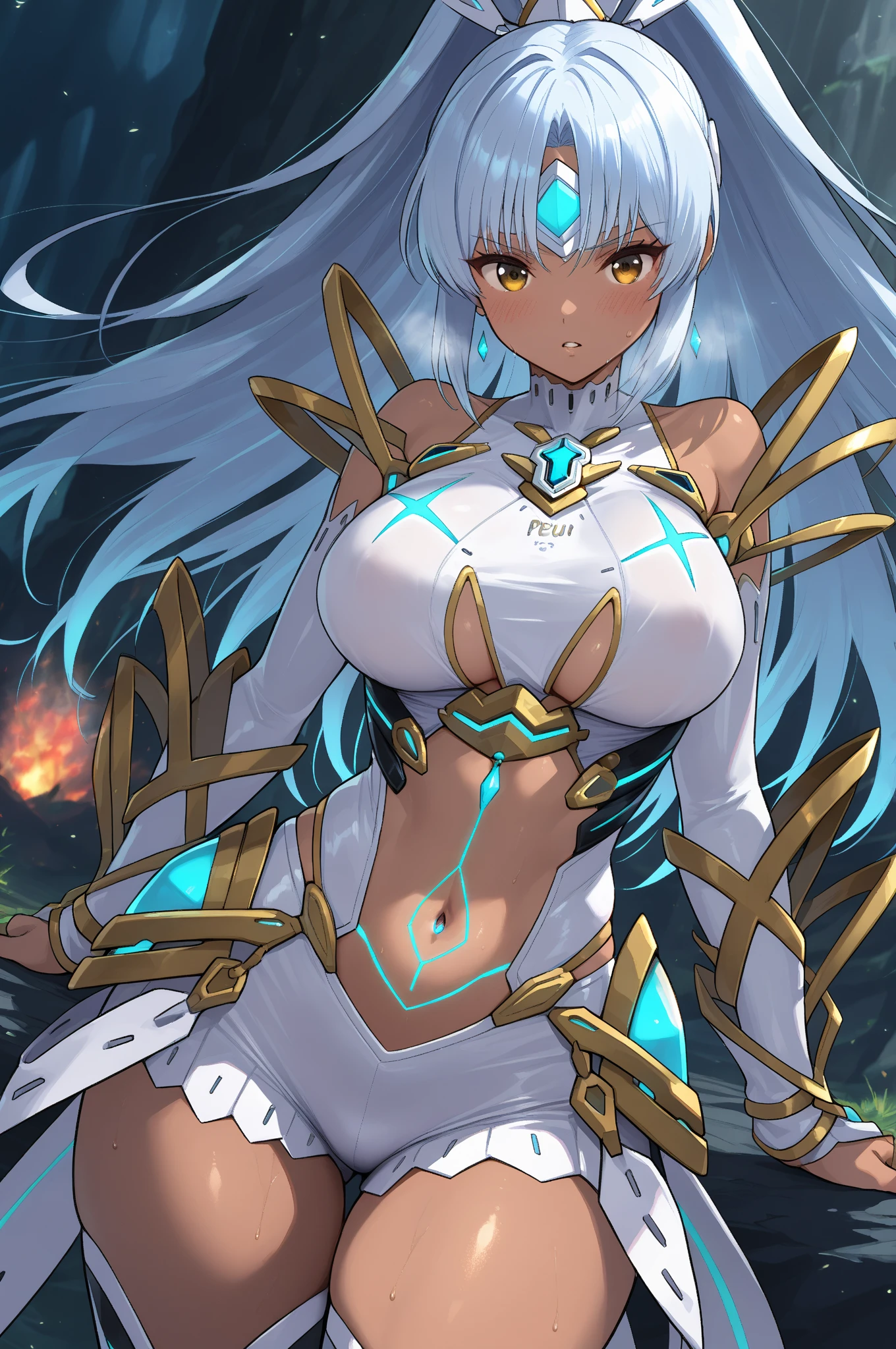 12k,masterpiece, Highest quality, Anime Style,Official Art Beautiful Lighting, 1 girl, bangs, (Inside a futuristic base:1.4),  , masterpiece,Noise Reduction,Perfect Anatomy,High resolution, Very detailed,Game CG,Dutch Angle ,Beautiful attention to detail,Visual Arts,Five Fingers, Perfect hands, Perfect lighting,(Camel Toe:1.3),Red eyes,(Silver Hair:1.2),Wicked Smile,takamori haruka, One Girl,Ninja,neckerchief,Hollow Eyes:1.6),mini skirt,Fingerless gloves, White Skirt, White legwear, Yellow Dress,Fishnet tights,whole body,(Emotionless,Expressionless:1.4),(Torn Costume:1.4,nsfw:1.4)
