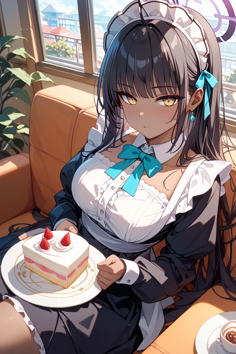 Black girl with long gray hair, gray eyes. thin lips fat body It floats in the cake cream