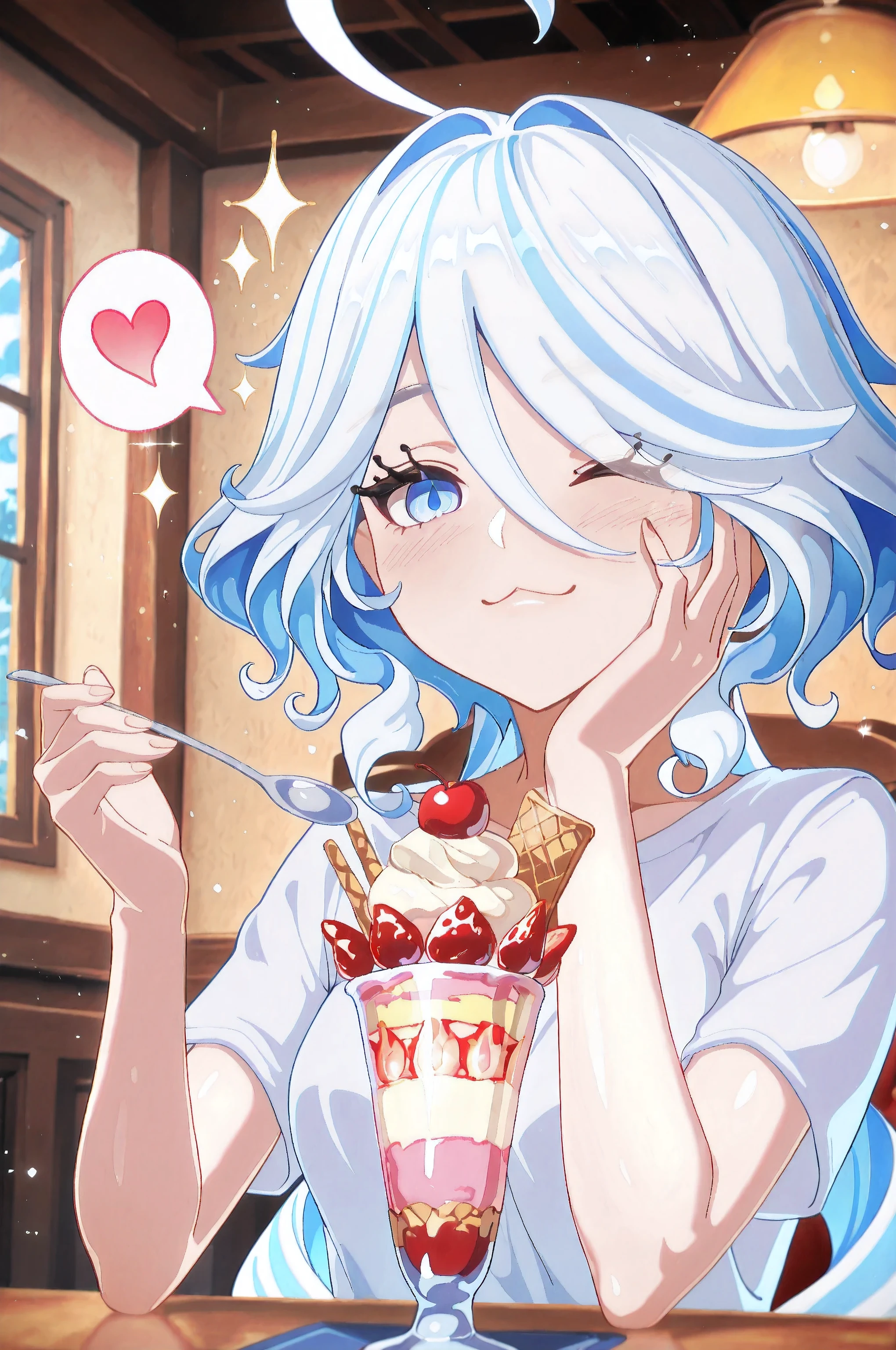 furina_genshin, blue eye . one eye closed. white hair, streaked hair, long hair, ahoge,highres, hi res, best quality, masterpiece, 2d, intricate details, 4k. furina from genshin impact,,Theobrobine,  . five fingers, thumb.  indoors,looking at viewer,  white shirt short sleeves, upper body. <lora:parfait-illustriousxl-lora-nochekaiser:1>, parfait, :3,  heart, food, sparkle, fruit, happy, hand on own face, spoken heart, ice cream, strawberry, spoon, hand on own cheek, cherry, holding spoon,,