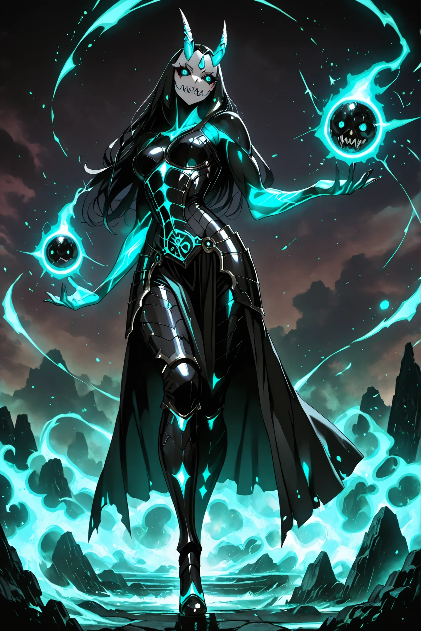 addmicrodetails,eyesHD,high gradient eyes,detailed eyes,high definition eyes,(High Resolution), (More Details), (8K), (High Resolution), kafkakaiju, glowing, glowing eyes,kaiju mask, horns, sharp teeth, armor, aqua eyes, lithe female, neon trim, black sclera, ((genderbend)), ((female version)), feminine monster form, hourglass figure, curved waistline, elegant pose, feminine facial features, slender neck, graceful limbs, defined female muscle tone, sleek armor conforming to feminine shape, smooth organic curves, refined monster features, delicate horn arrangement, slim waist, wider hips, feminine shoulder structure, curved armor plates, feminine proportions, full body shot, biomechanical beauty, elegant monster design, feminine silhouette, dark stormy background