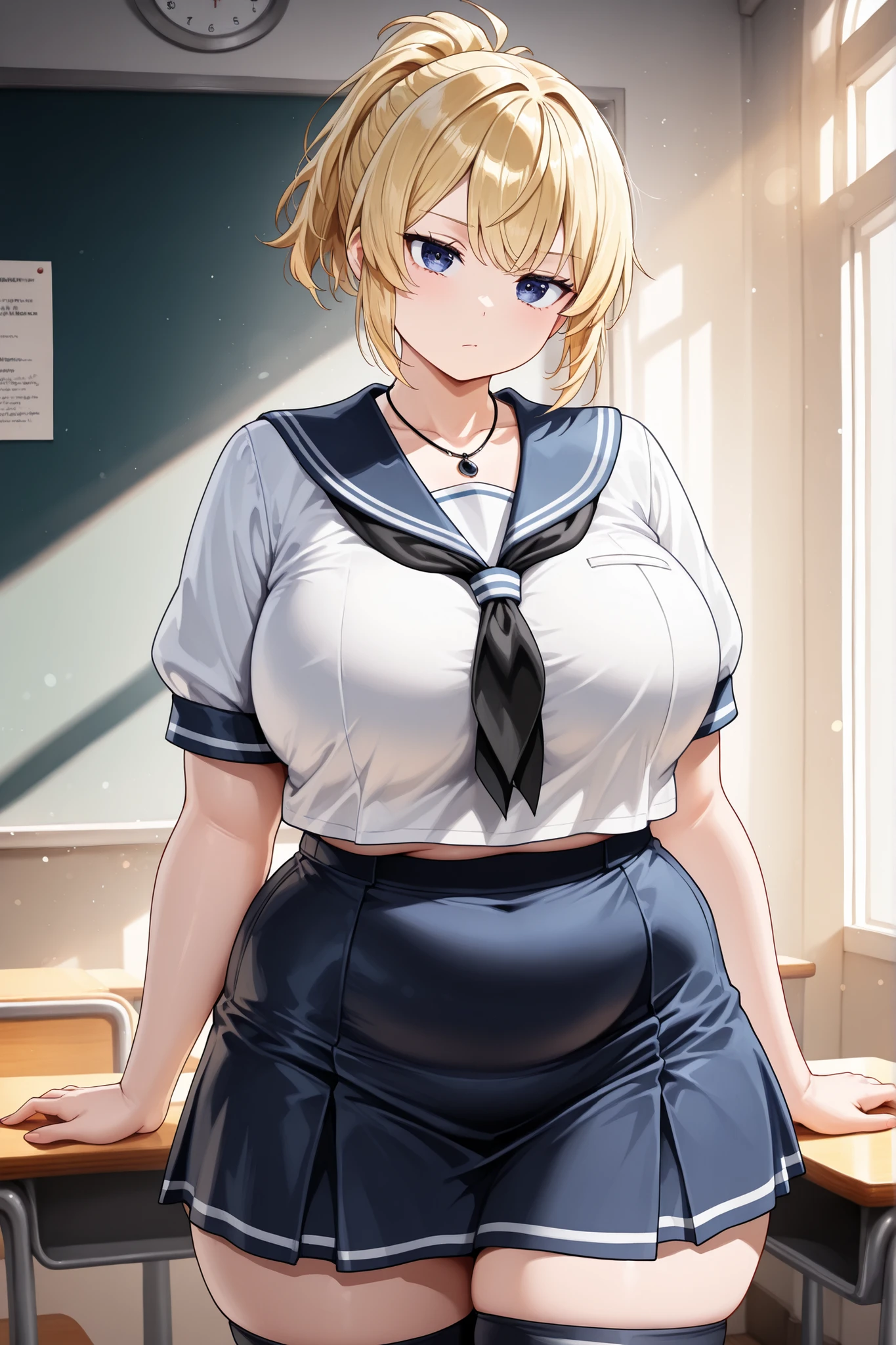 White sailor hat,blonde hair,short hair,sailor top outfits,blue mini skirt,seductive smile,look at viewer,bigbreast,wide hips,thicc tigh,glasses,black ribbon