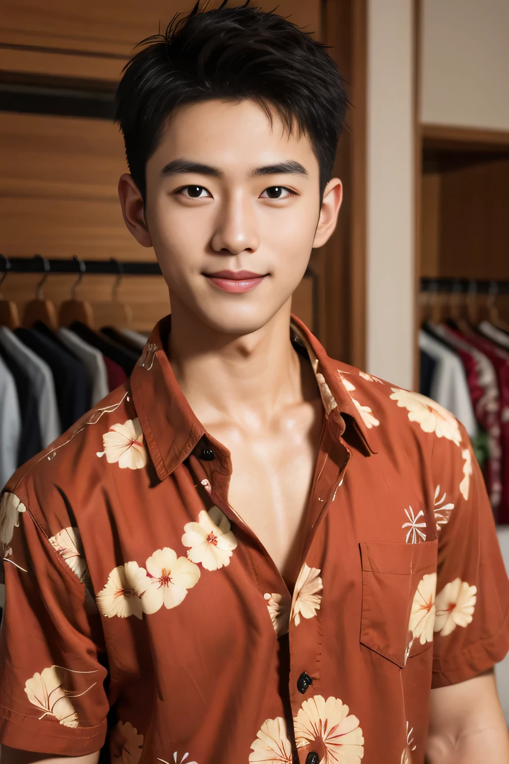 18-year-old male、Japanese、handsome guys、Macho、short hair、 apparel clerk、Red Aloha Shirt、Smile Yan